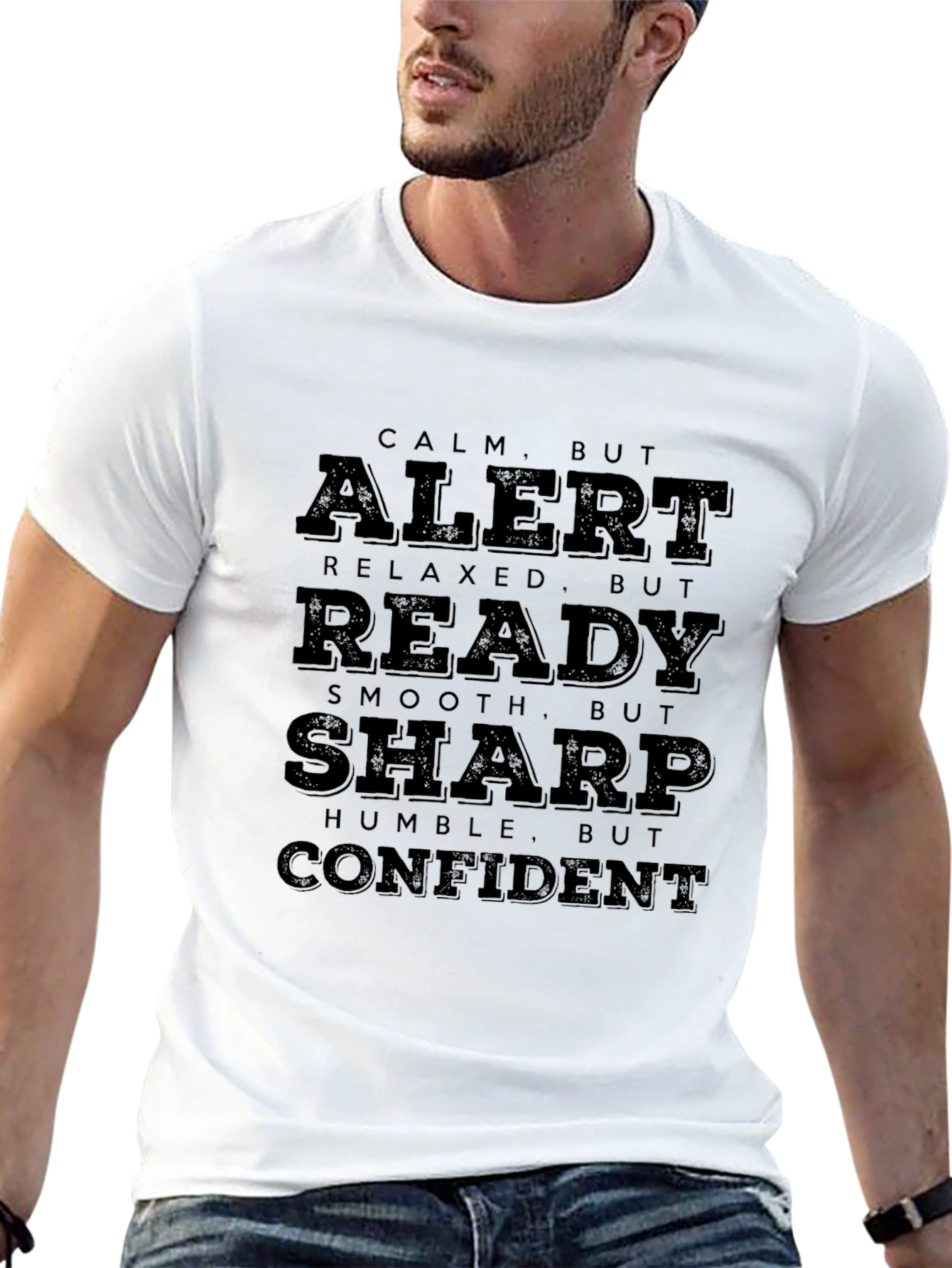 Calm Alert Ready Sharp Confident Mens Black T-Shirt