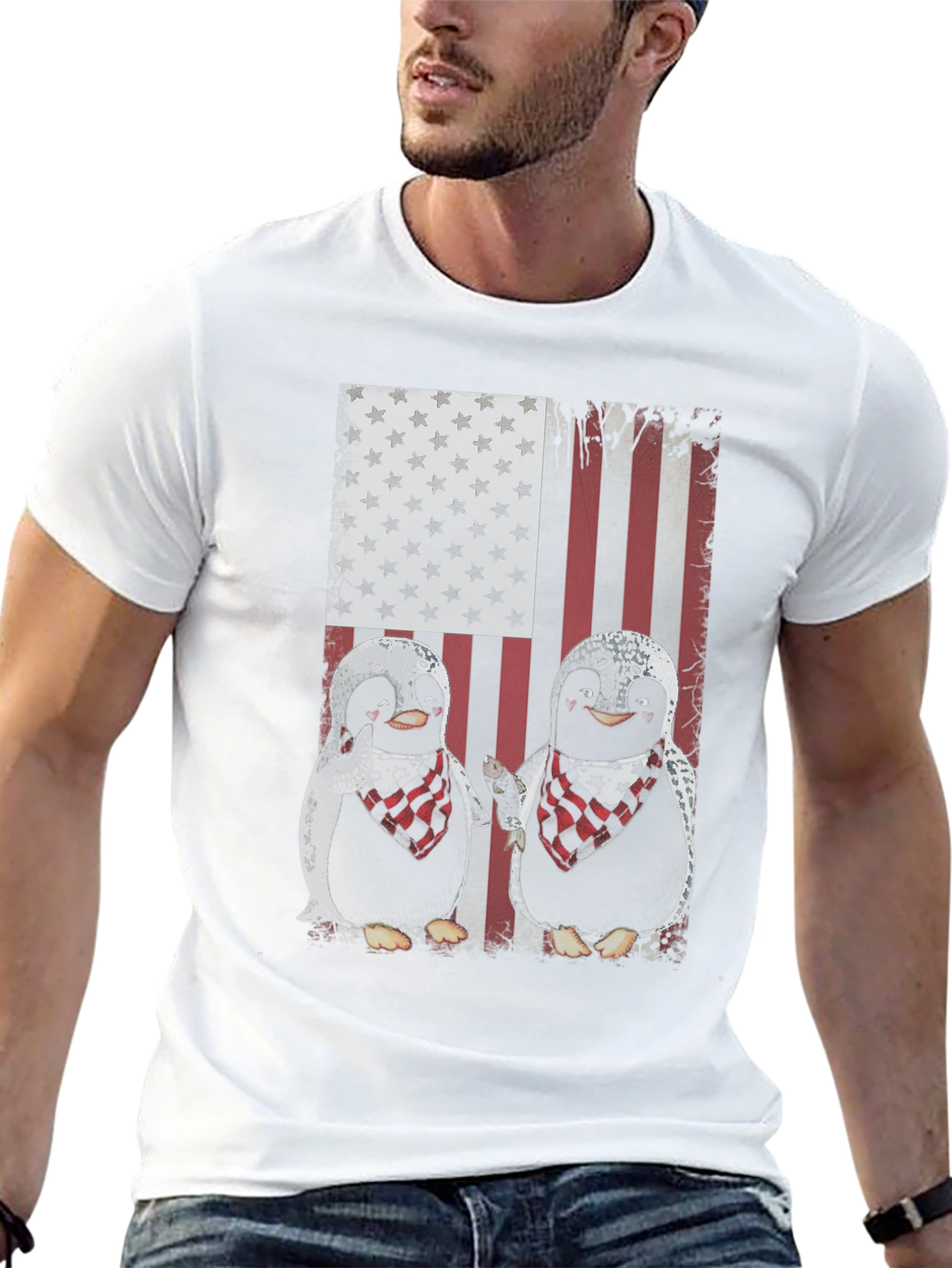 Patriotic Penguin American Flag Graphic T-Shirt