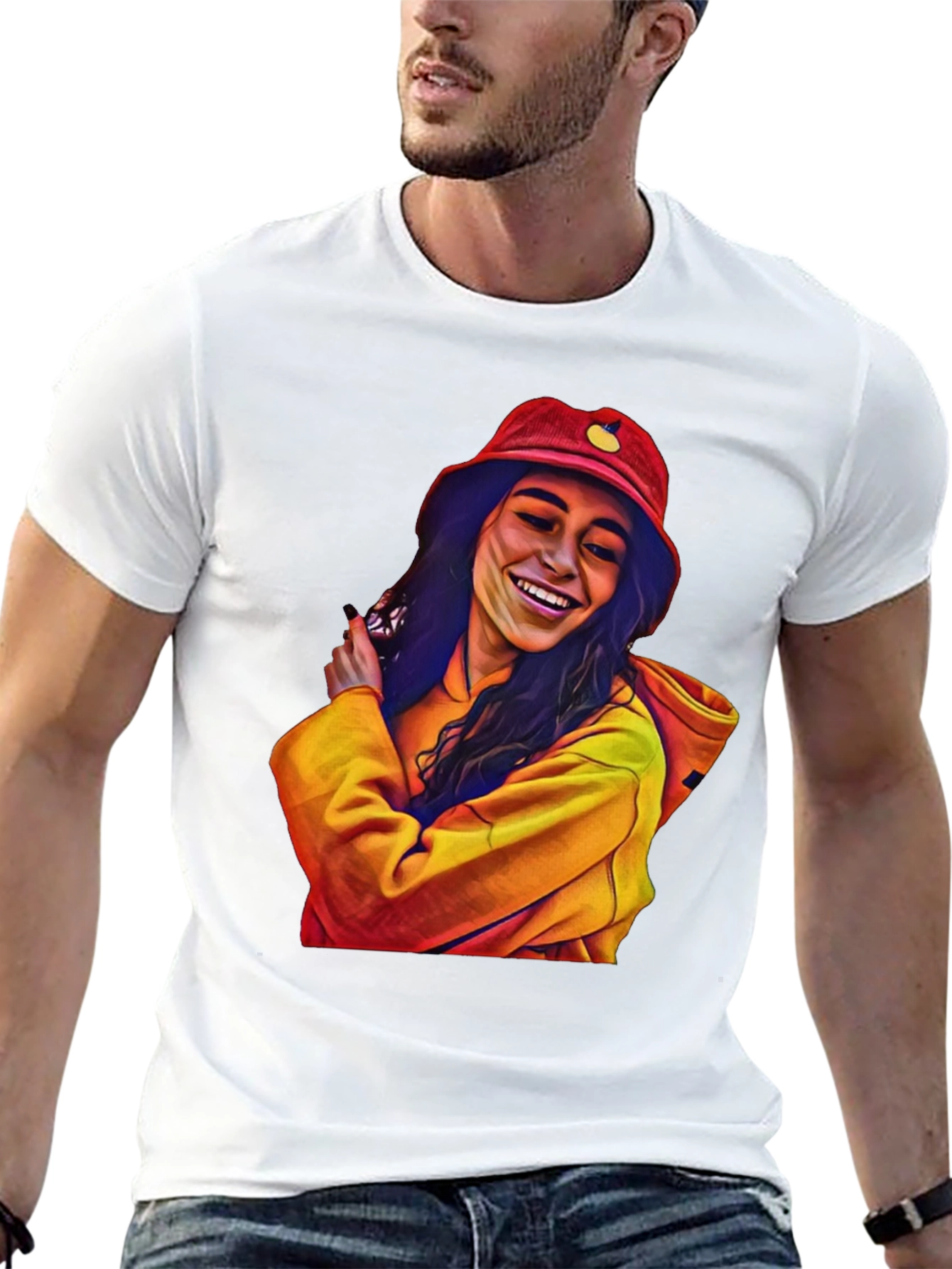 Stylish Graphic Tee: Smiling Woman in Bucket Hat