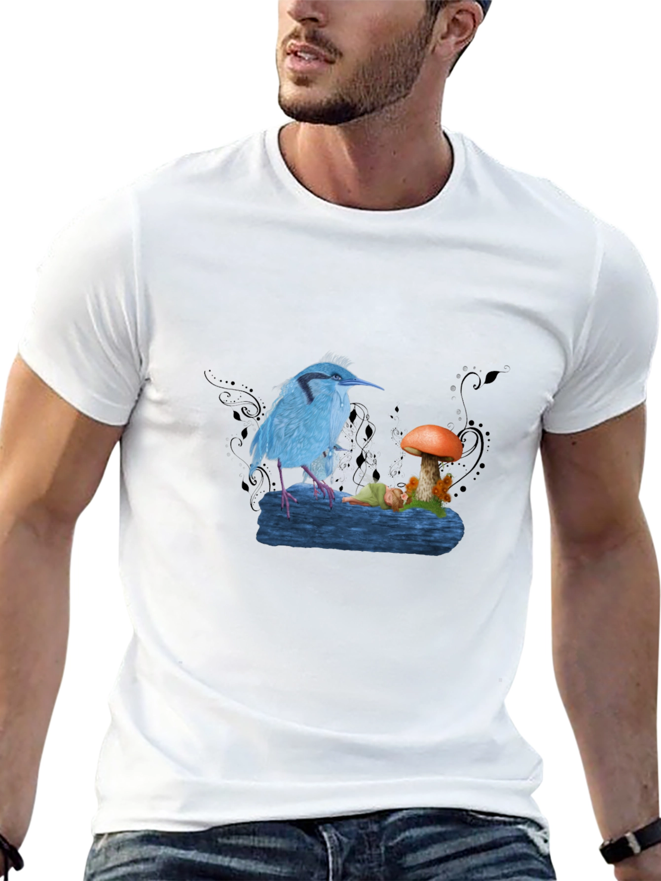 Blue Bird & Mushroom Graphic Tee