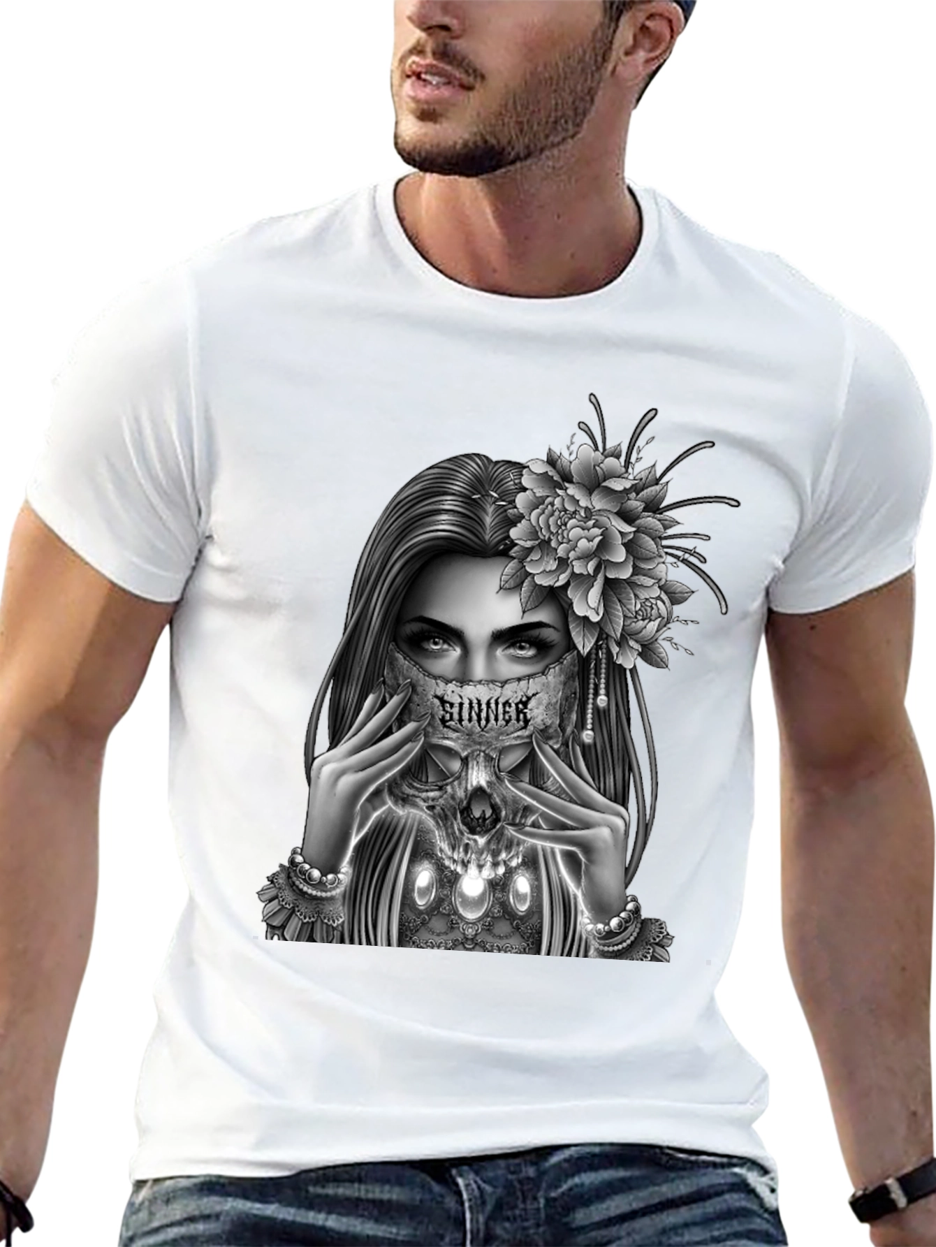 Sinner Skull Mask Graphic Tee - Gothic Style