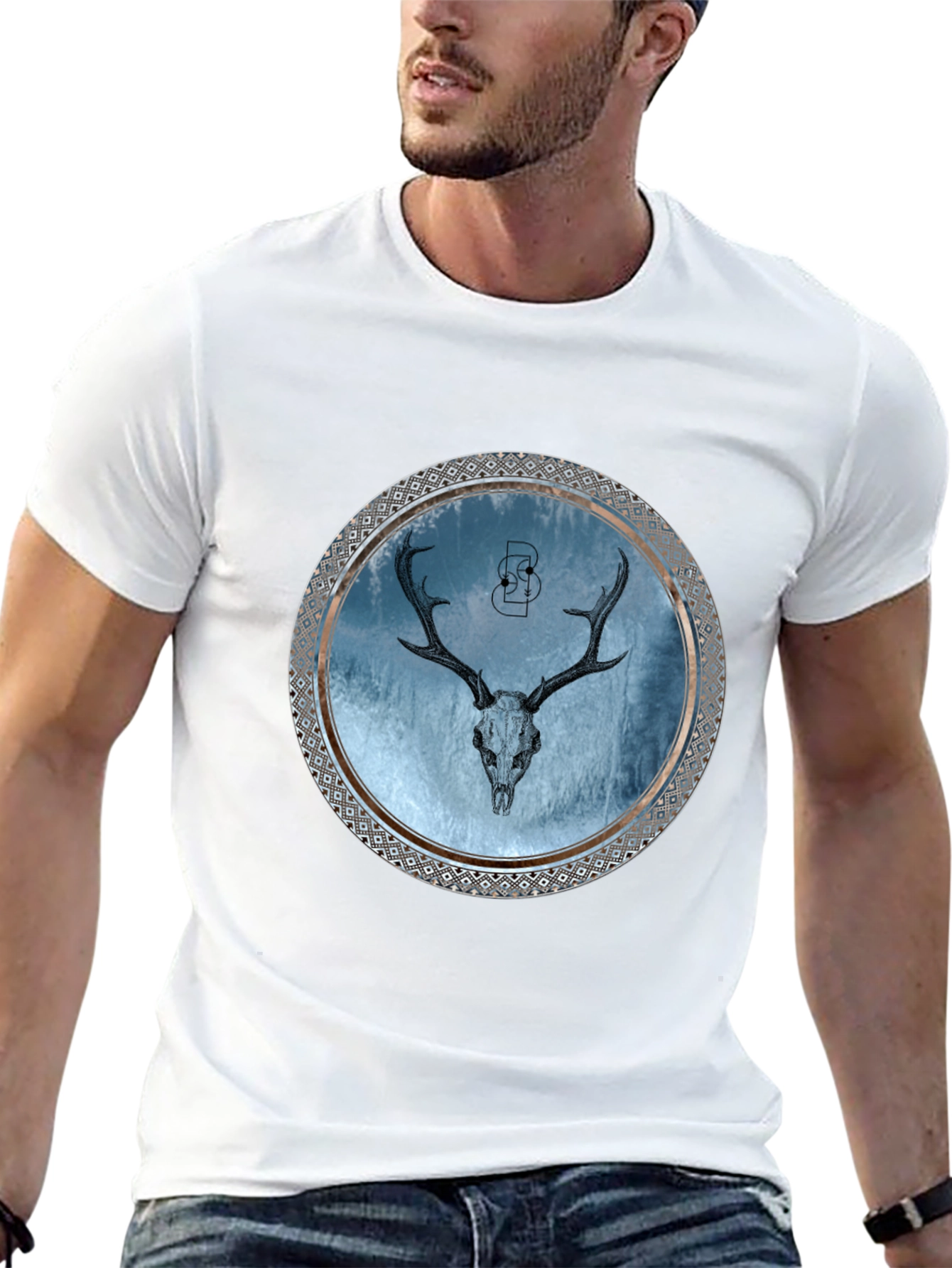 Skull Deer Graphic Print Mens Black T-Shirt