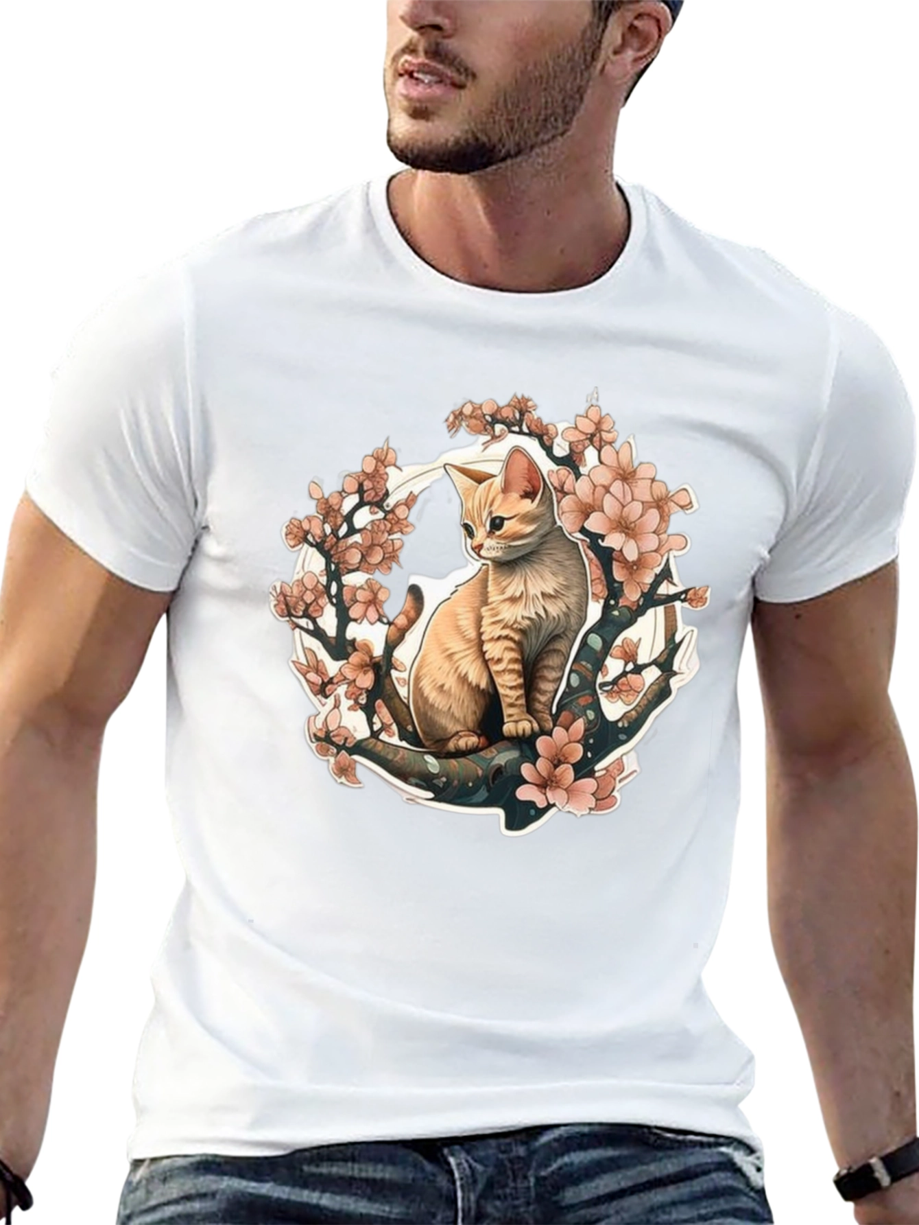 Cat & Cherry Blossom Graphic Tee - Black