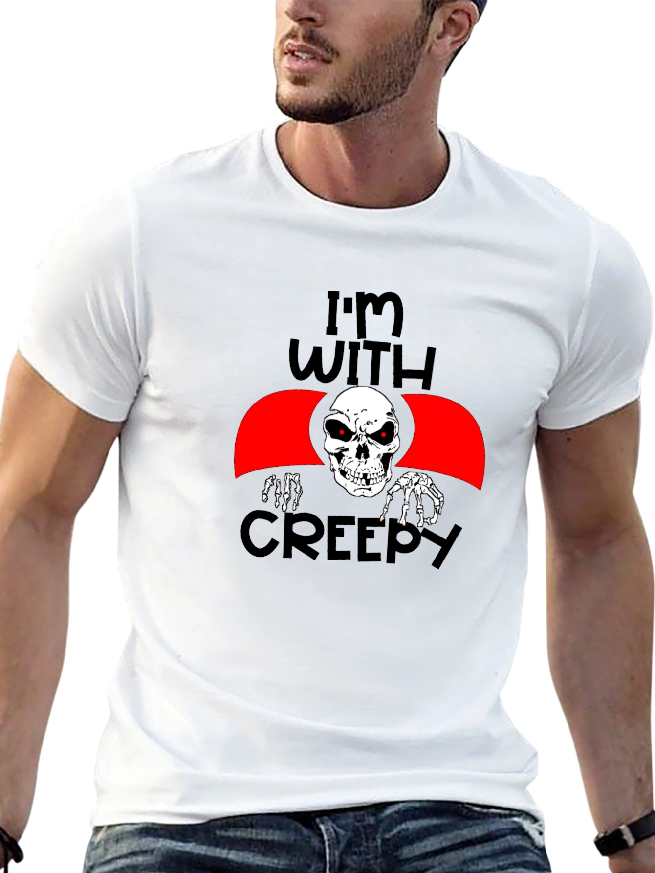 Im With Creepy Skeleton Graphic Tee - Halloween Fun