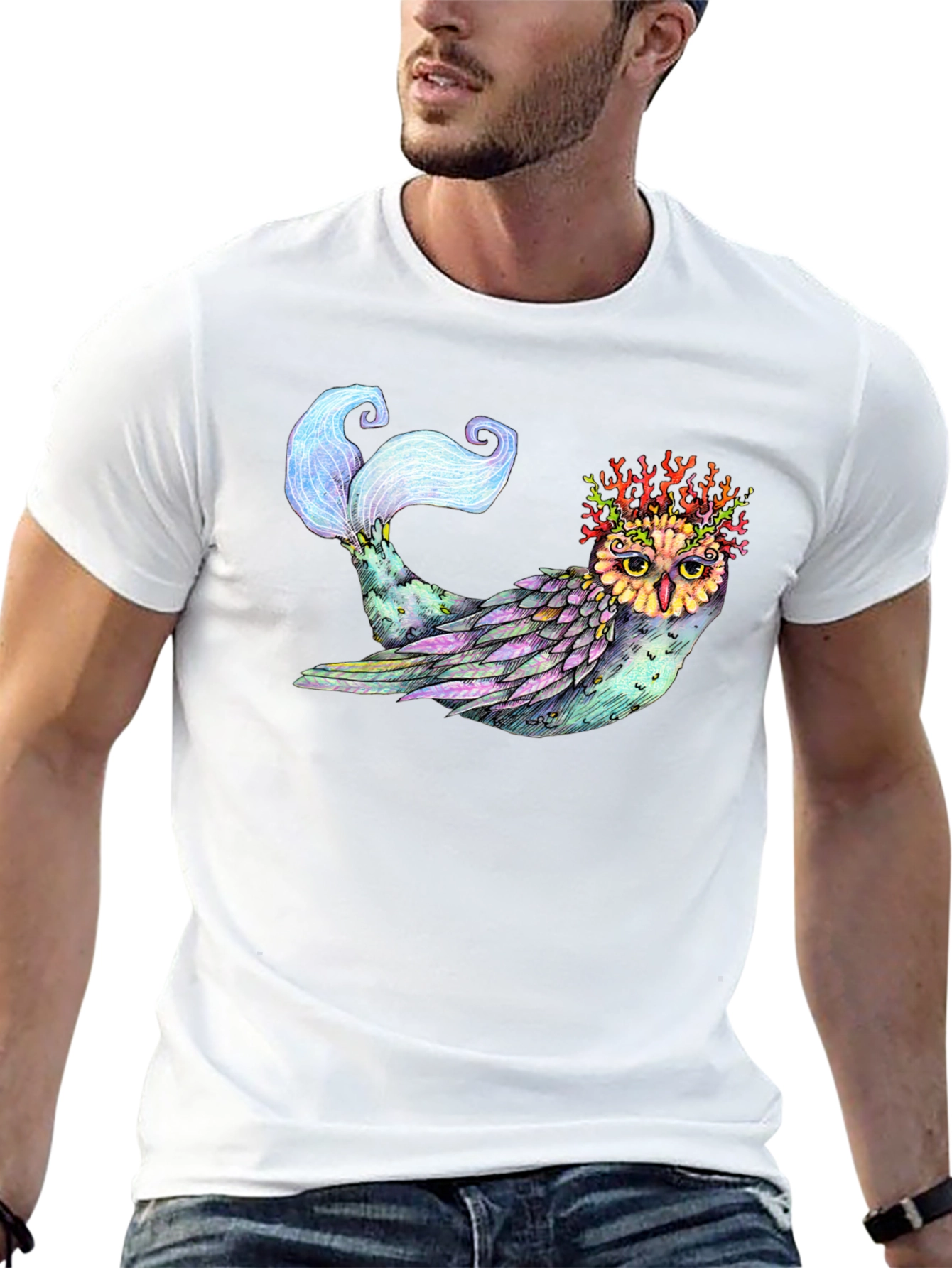 Mystical Owl Mermaid T-Shirt - Unique Fantasy Art