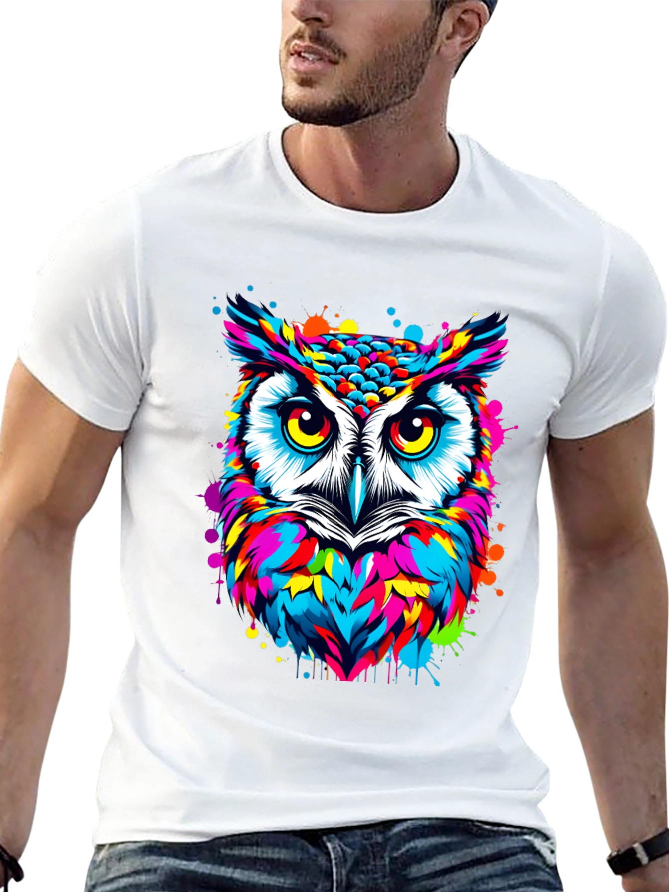 Vibrant Owl Graphic Print Black T-Shirt