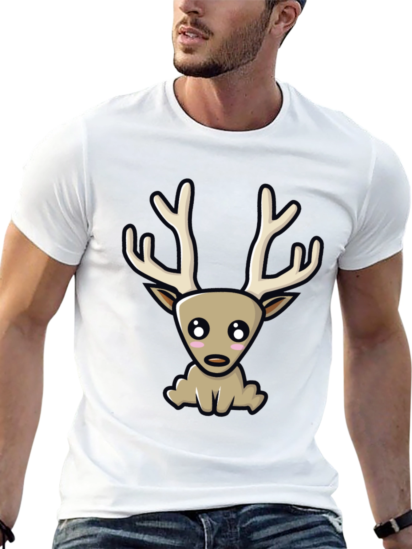 Cute Cartoon Deer Graphic Tee - Black Cotton Blend
