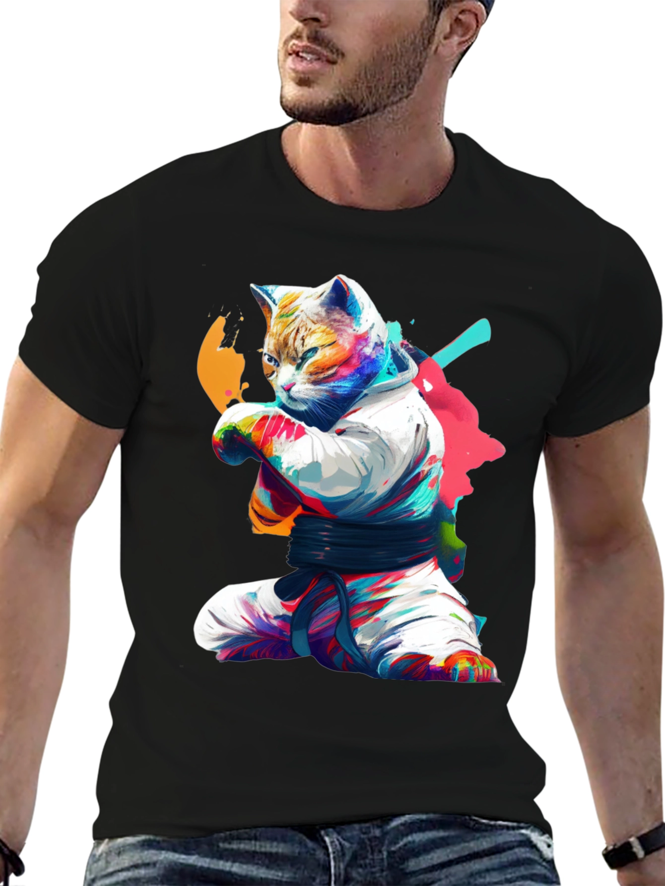 Karate Cat Graphic T-Shirt - Black Cotton Tee