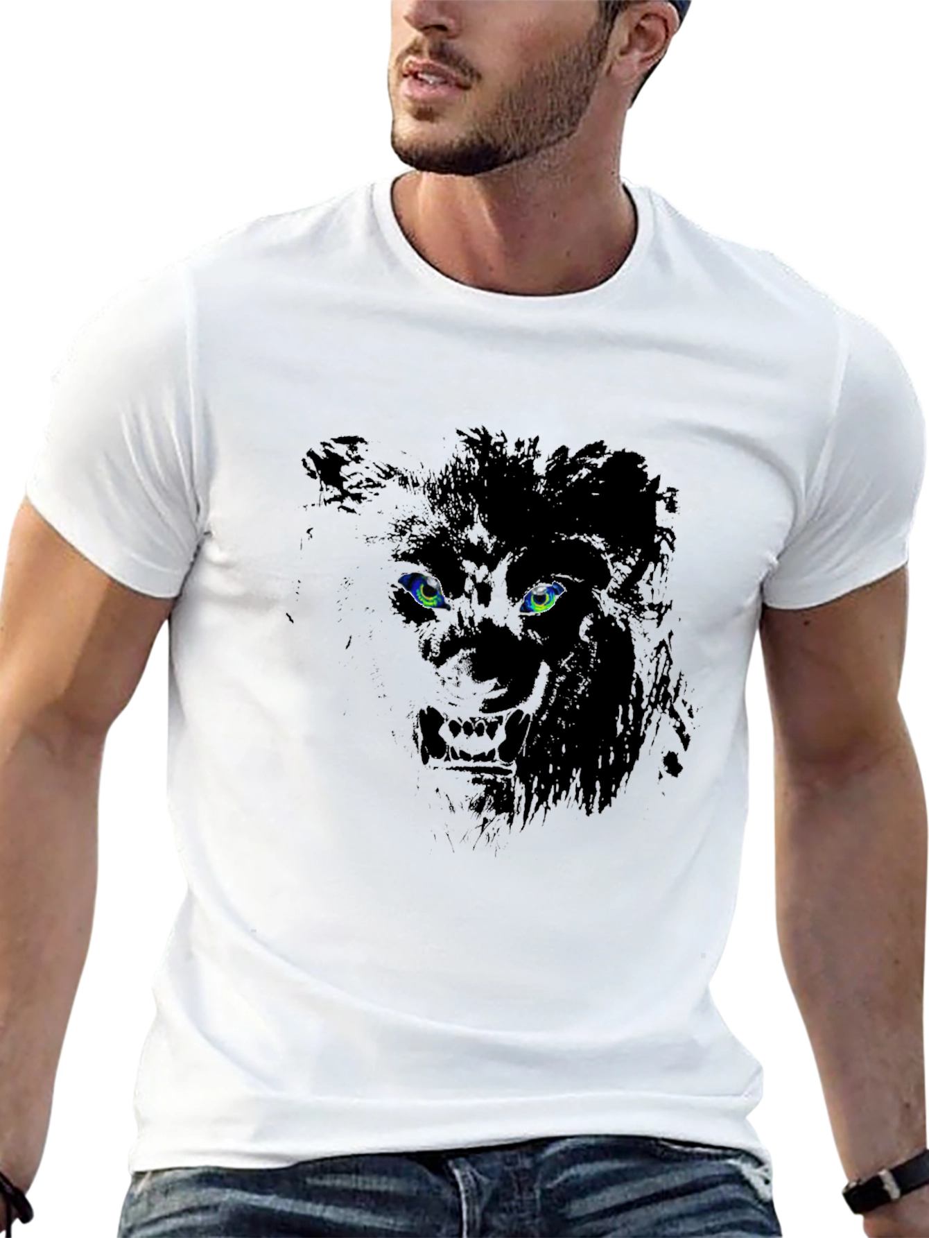 Lion Eyes Graphic Print Black T-Shirt