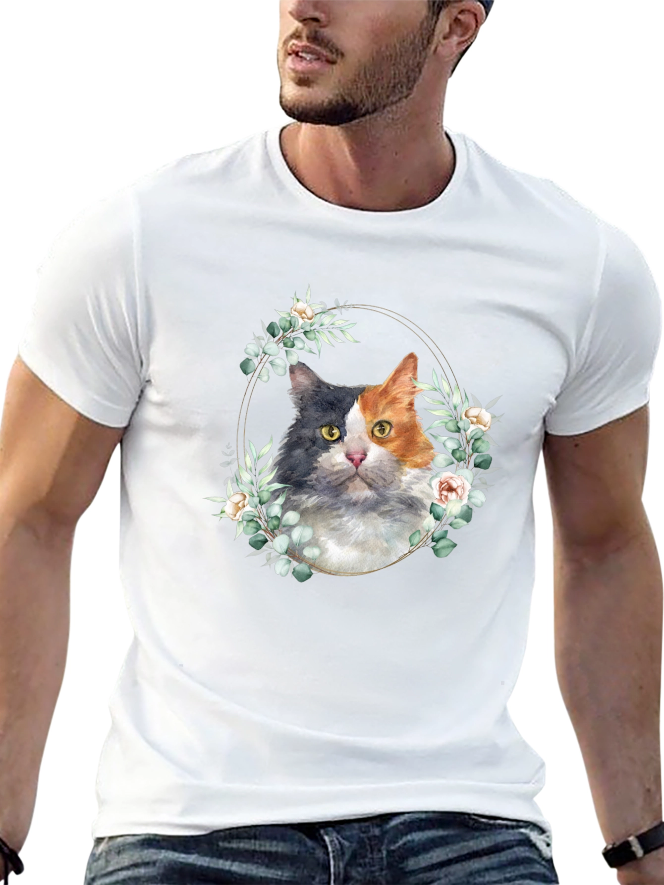 Cat Floral Wreath Graphic Tee - Black