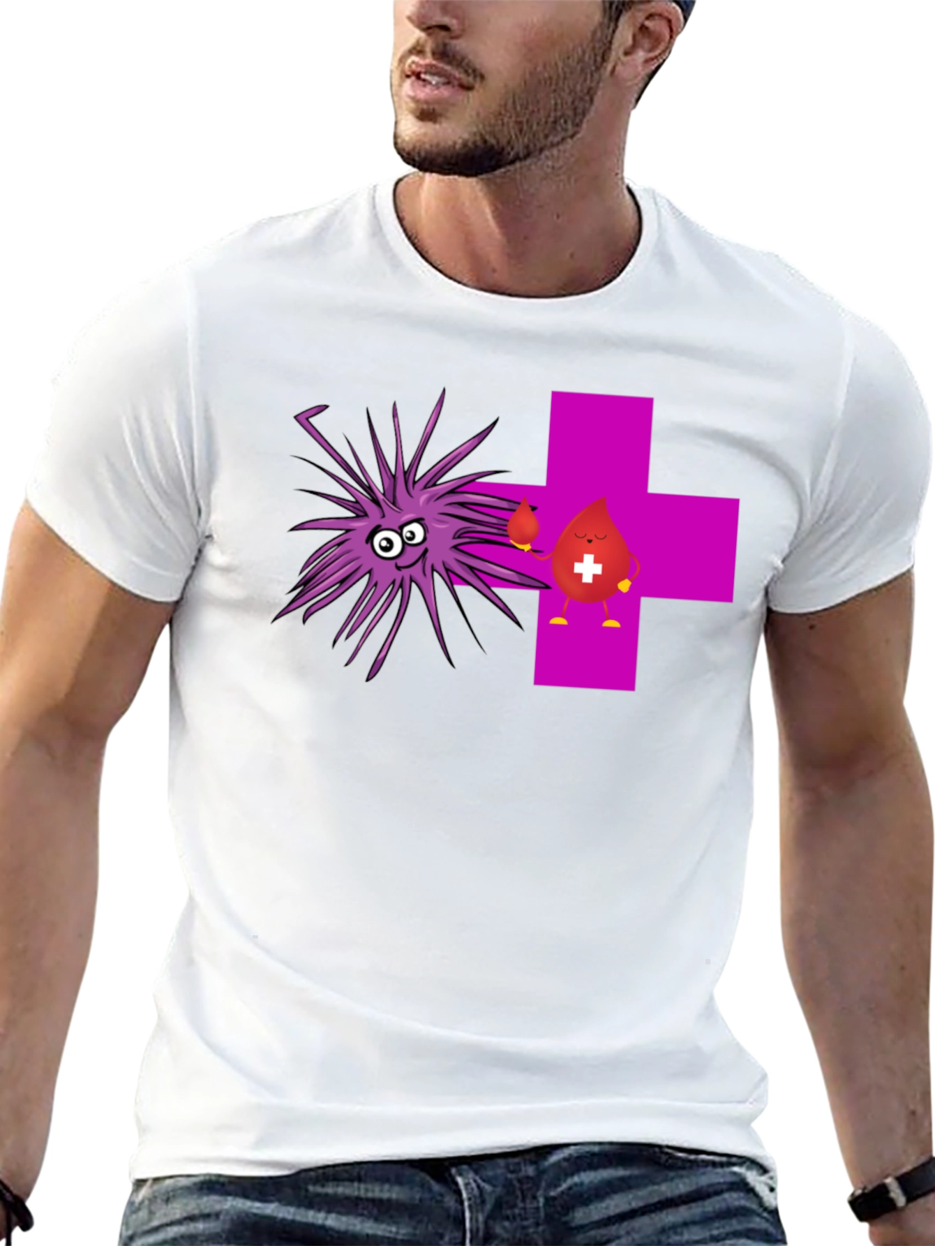 Funny Black T-Shirt with Cartoon Germs and Blood Drop