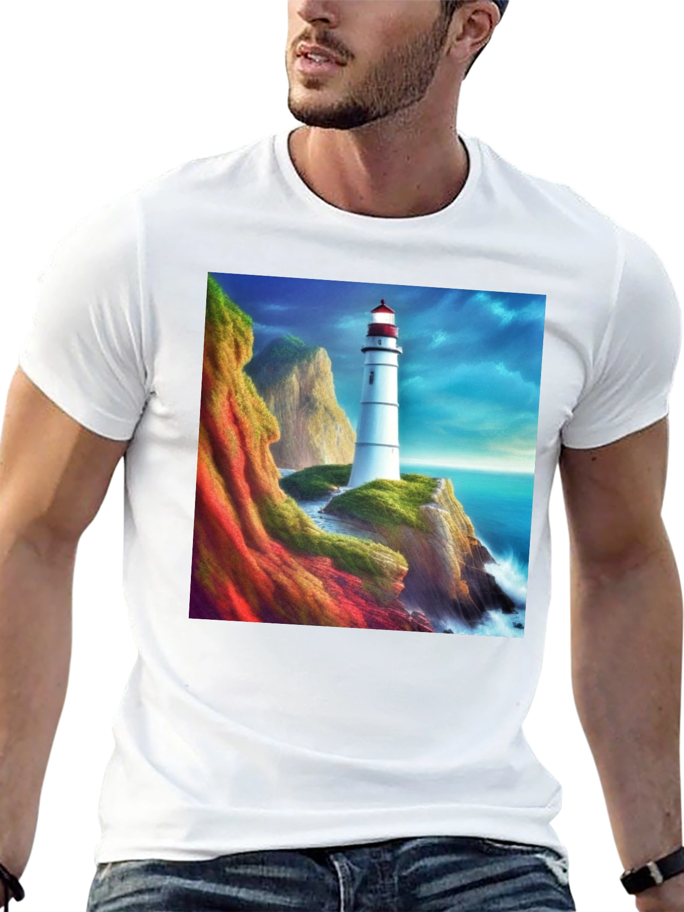 Lighthouse Scene Graphic Tee - Coastal Design T-Shirt
