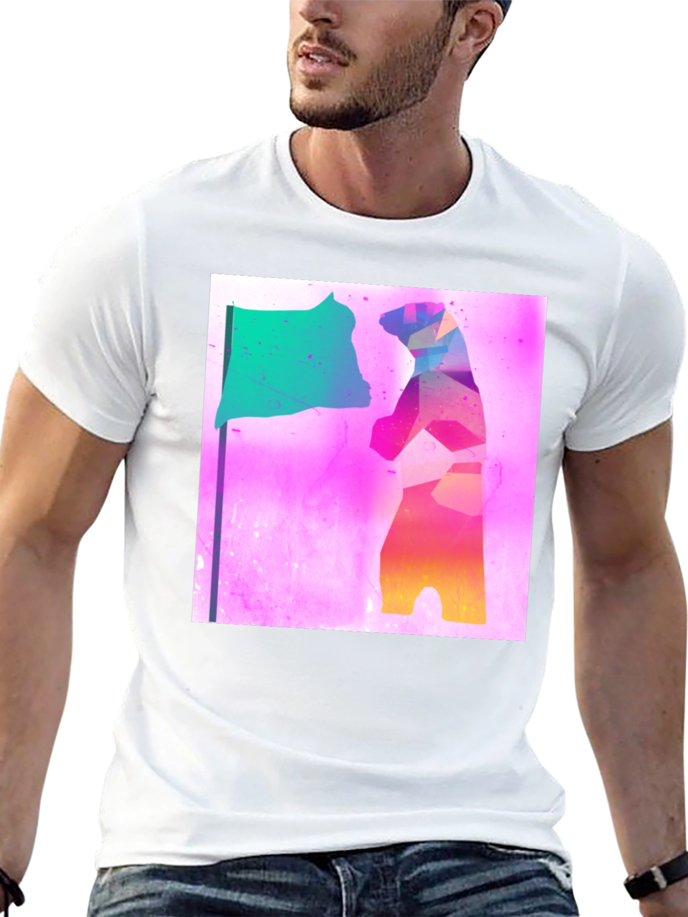 Abstract Bear Flag Graphic Tee - Black Cotton Blend
