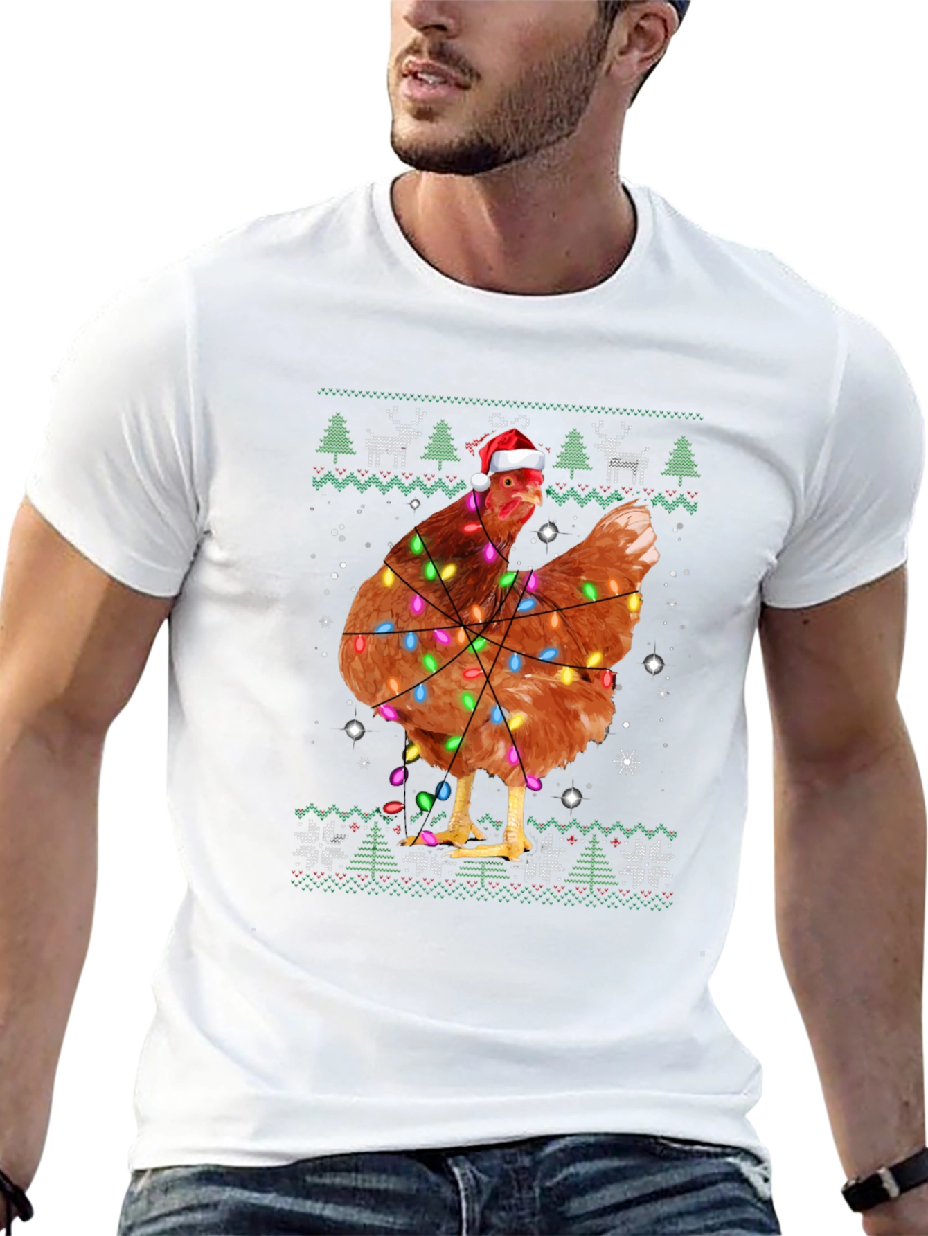 Chicken Christmas Light Ugly Holiday Black T-Shirt