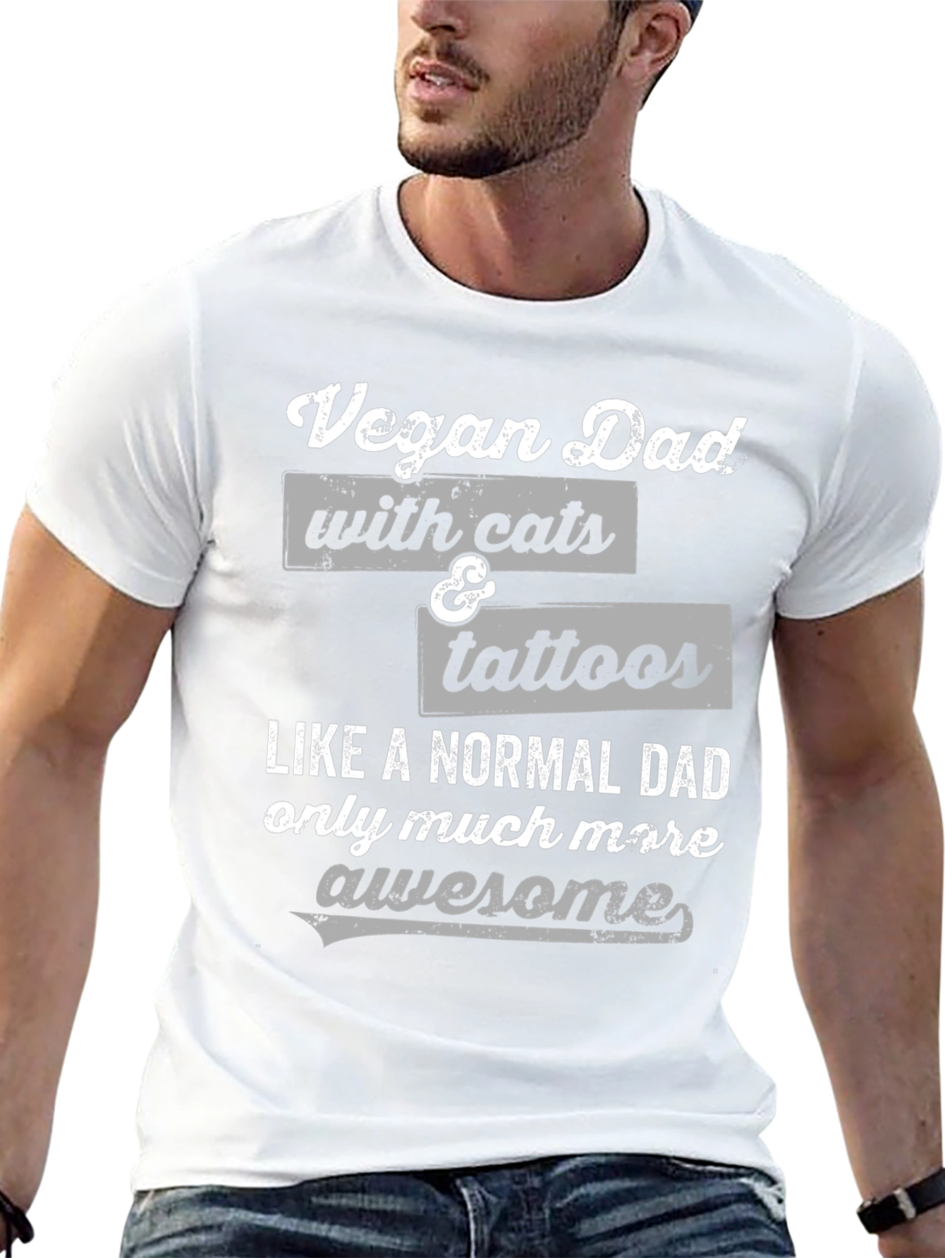 Vegan Dad with Cats & Tattoos Funny Graphic T-Shirt