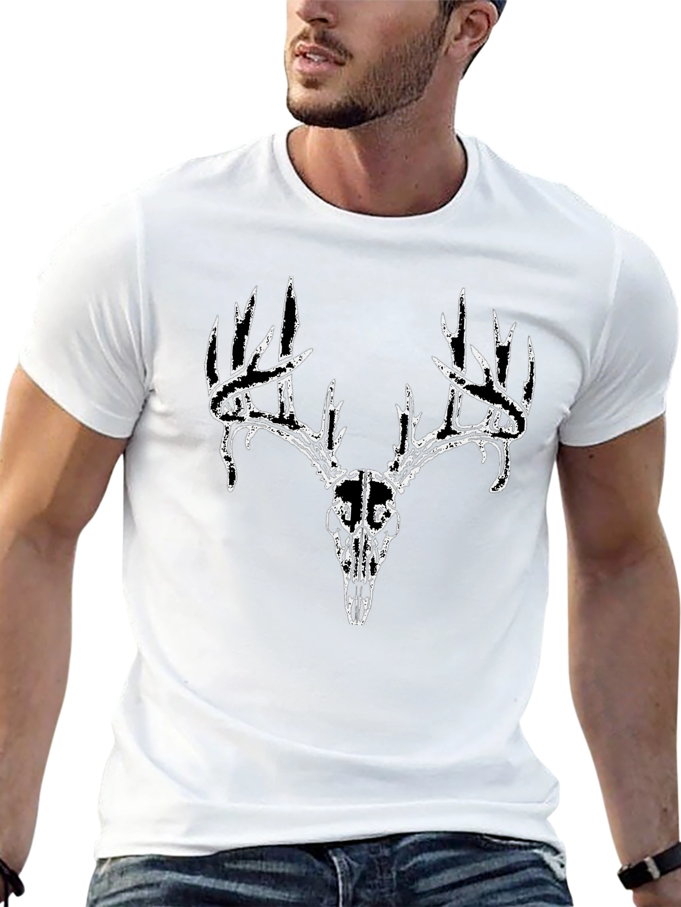 Mens Black T-Shirt with Deer Skull Graphic