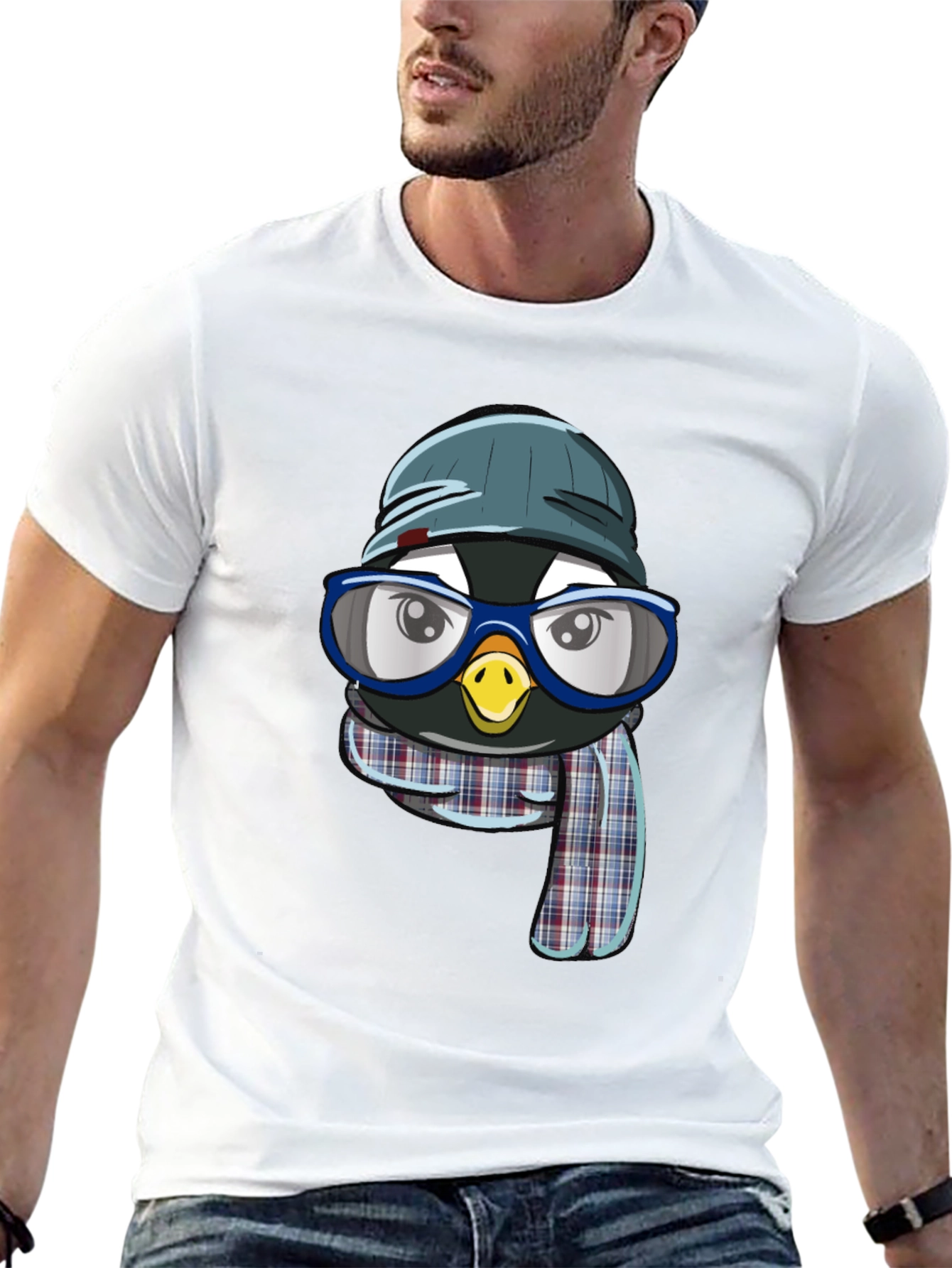Penguin with Hat & Glasses Black T-Shirt