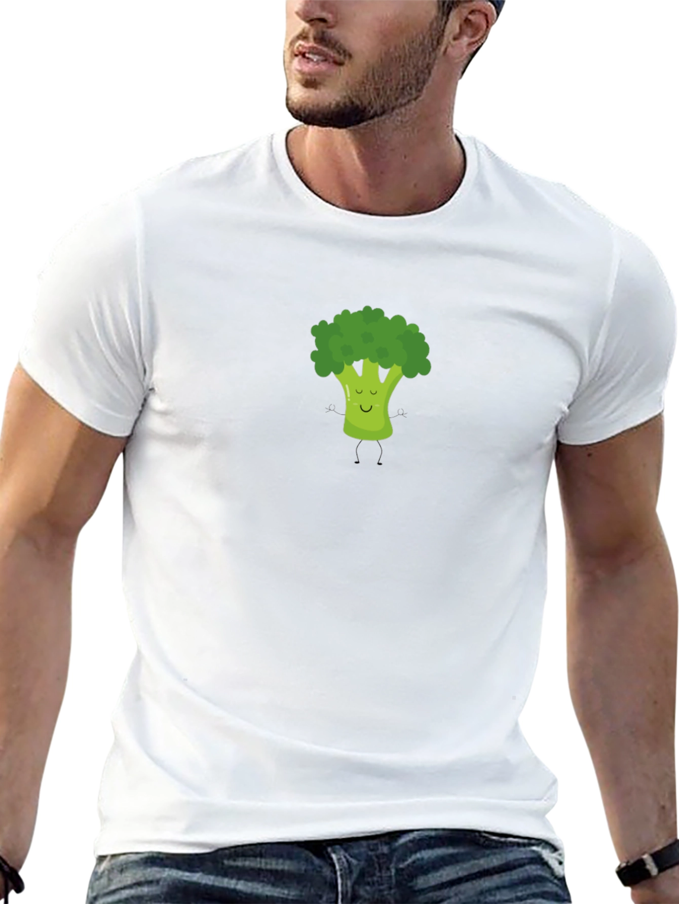 Broccoli Cartoon Graphic Print Black T-Shirt