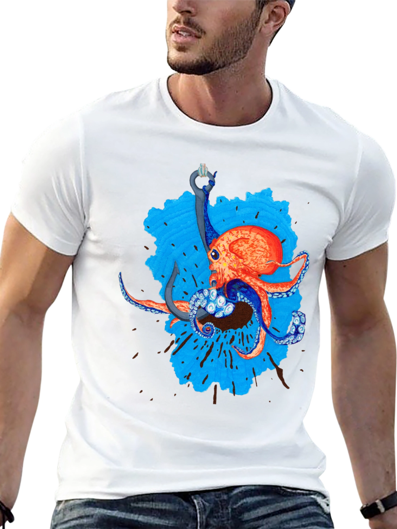 Octopus Hook Graphic Tee - Black Cotton Casual Wear