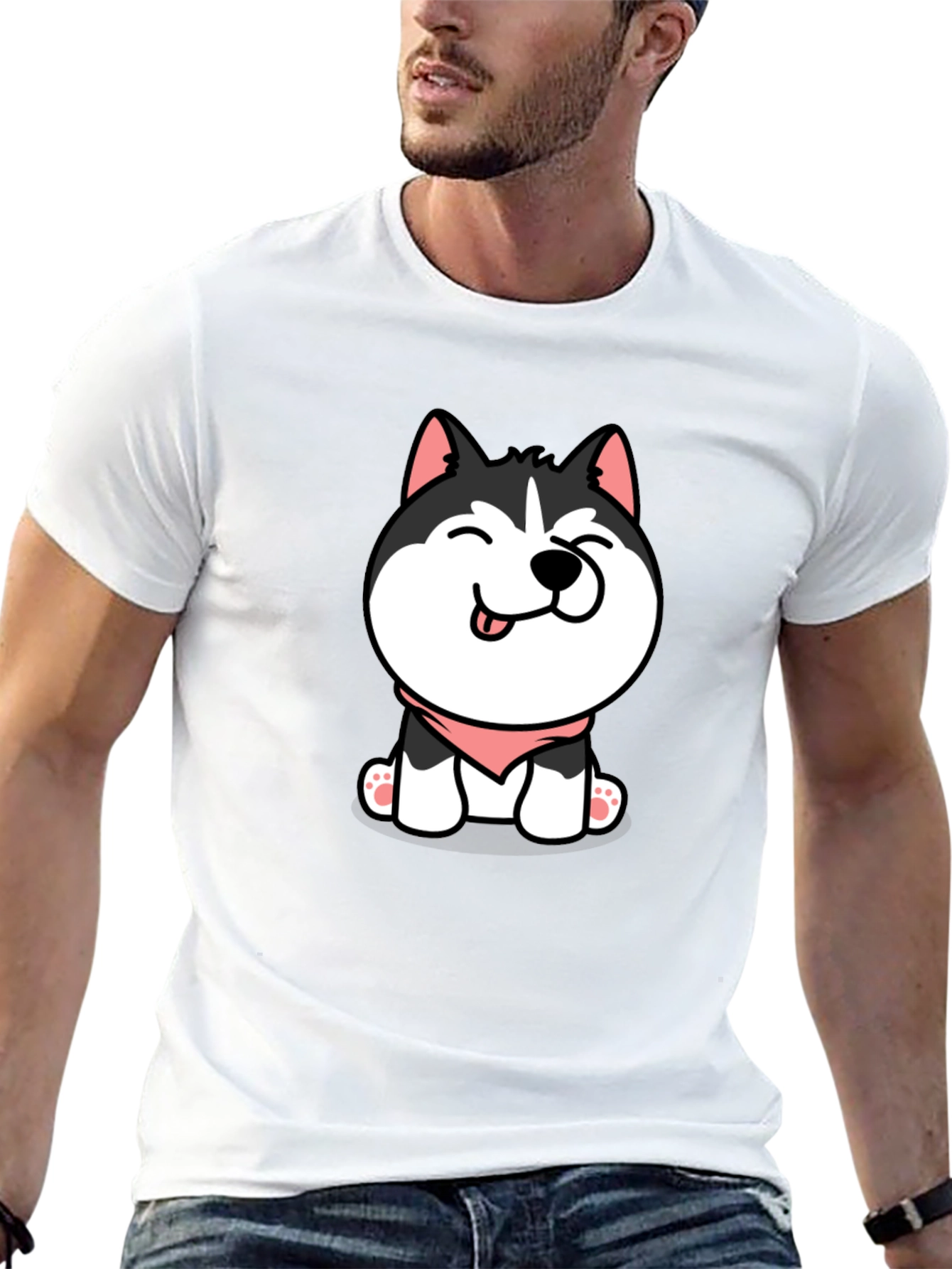 Cute Husky Puppy Graphic Tee - Black Cotton T-Shirt
