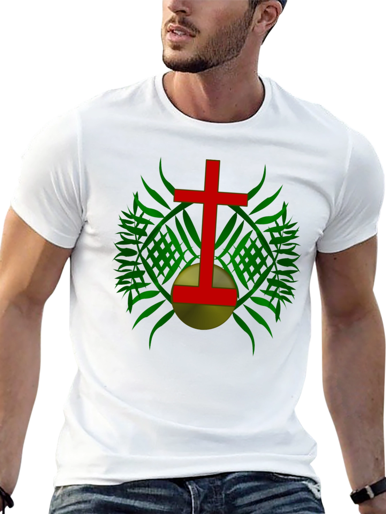 Red Cross & Green Leaf Graphic Print Black T-Shirt