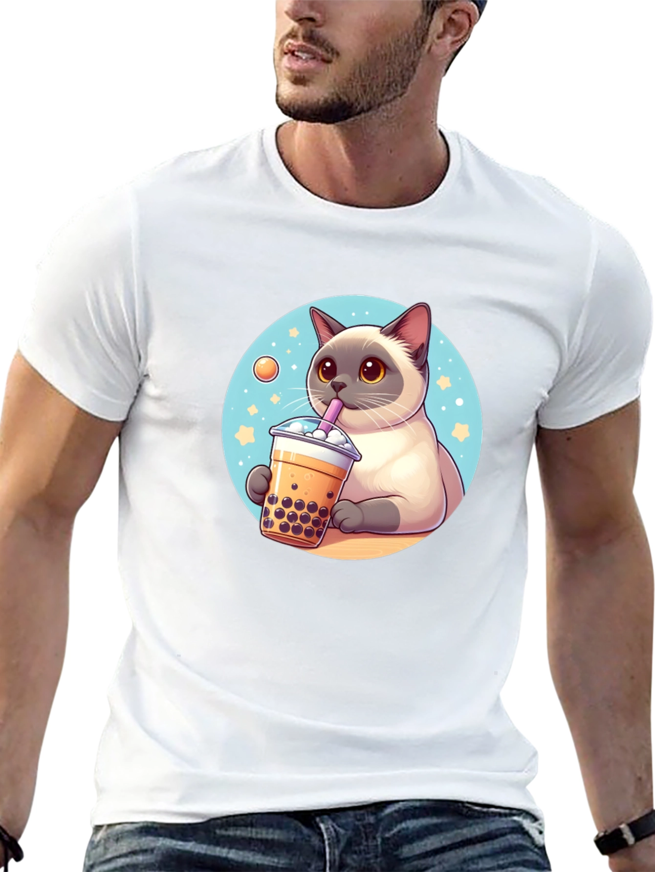 Cute Cartoon Cat Boba Tea Graphic T-Shirt
