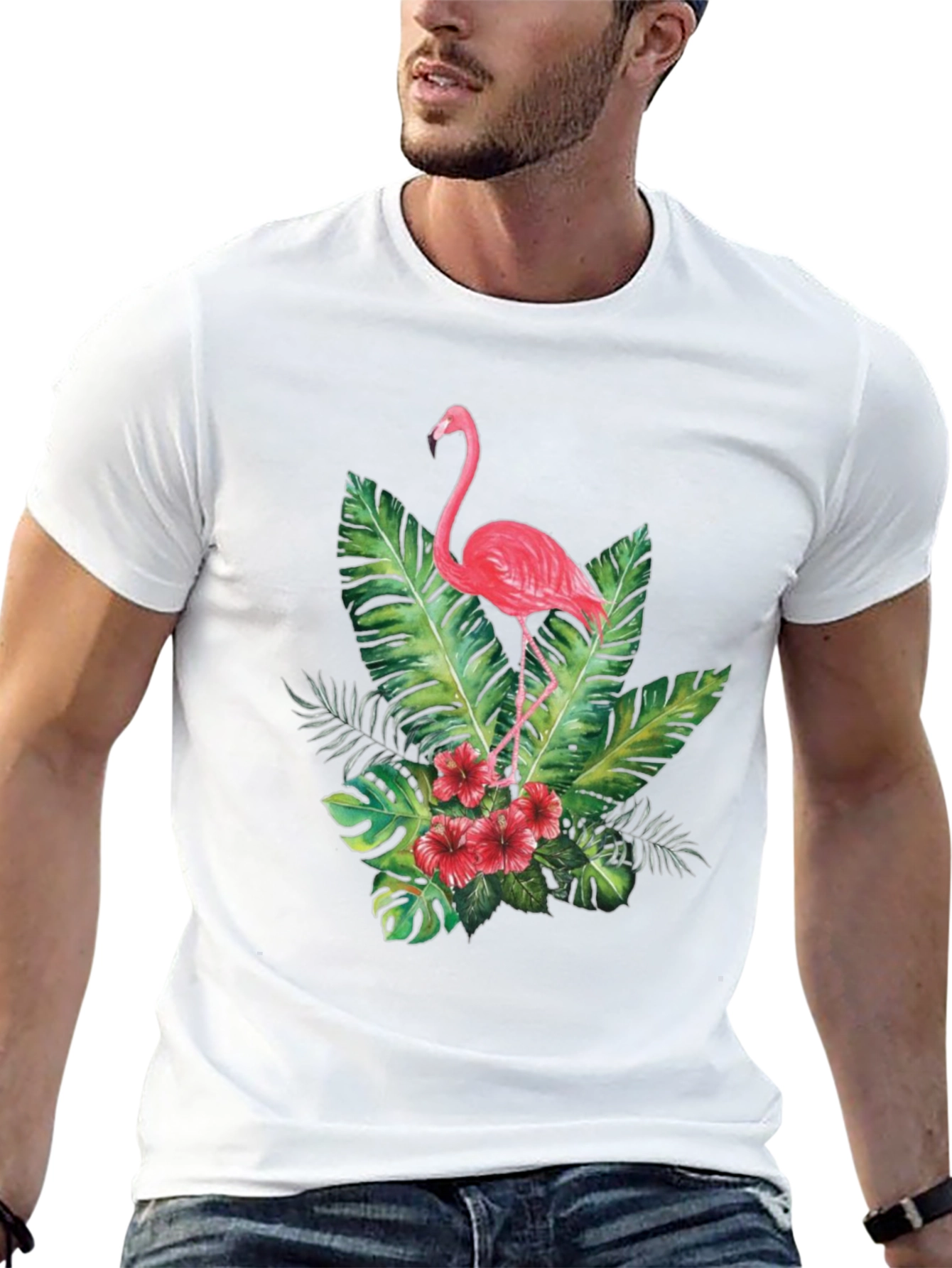 Tropical Flamingo Graphic Tee - Black Cotton T-Shirt