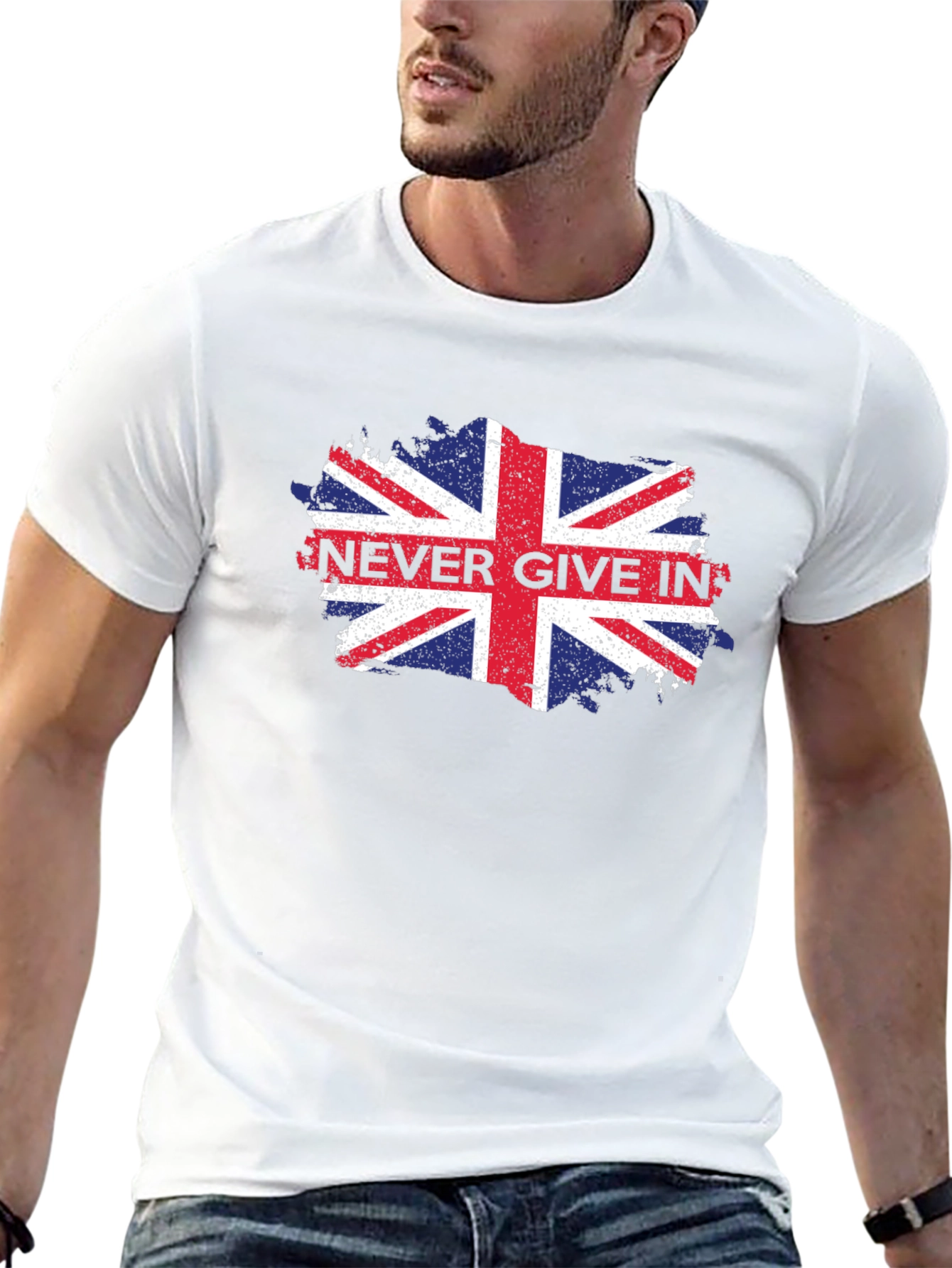 Never Give In Union Jack Mens Black T-Shirt