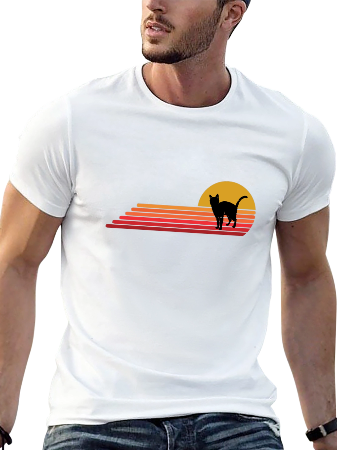 Retro Cat Sunset Graphic Tee - Black Cotton T-Shirt