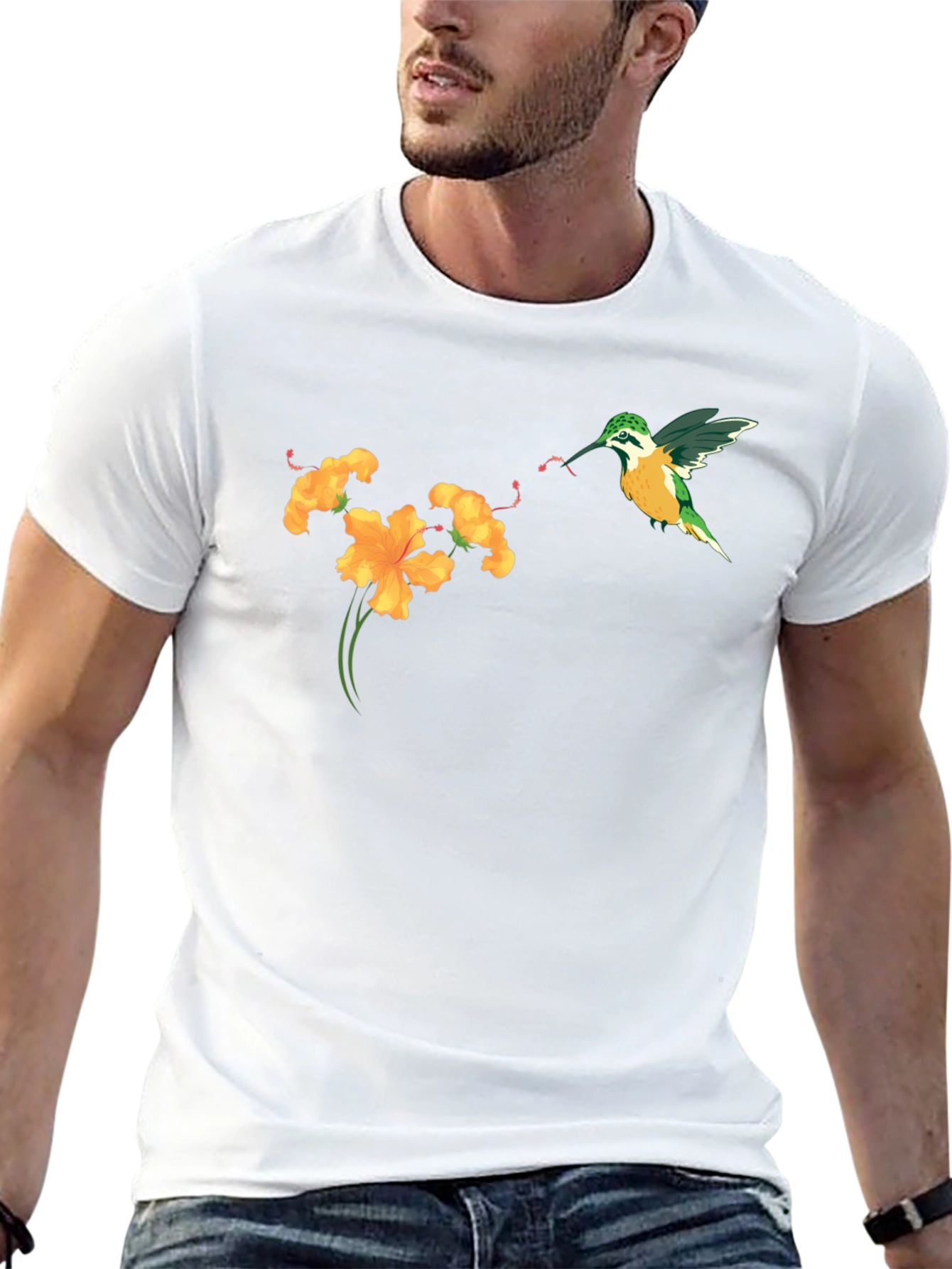 Hummingbird & Flower Graphic Tee - Black