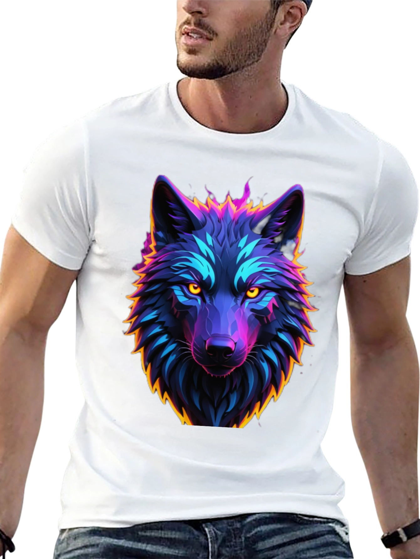 Neon Wolf Graphic Tee - Black Cotton