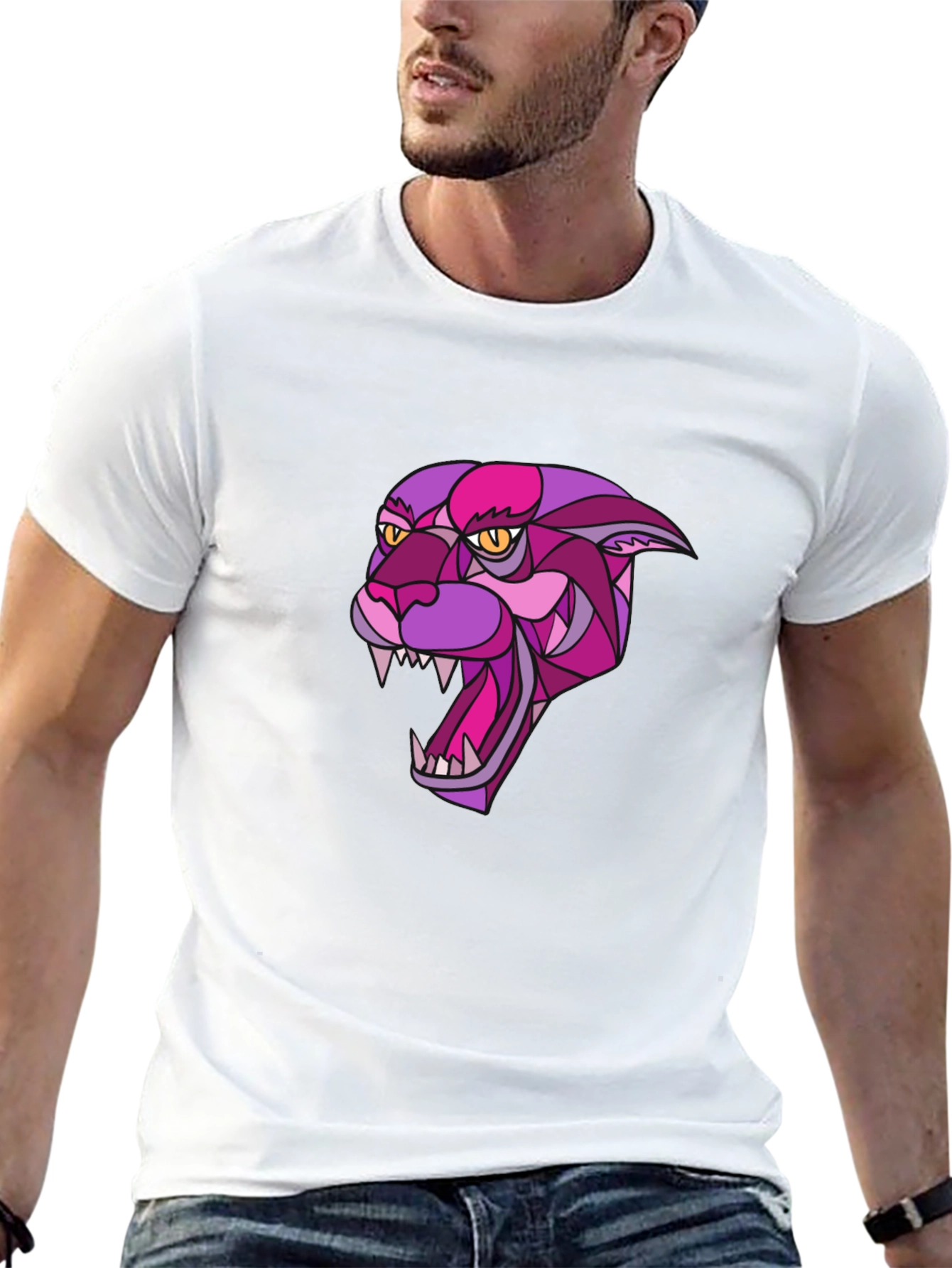 Black T-Shirt with Geometric Panther Design