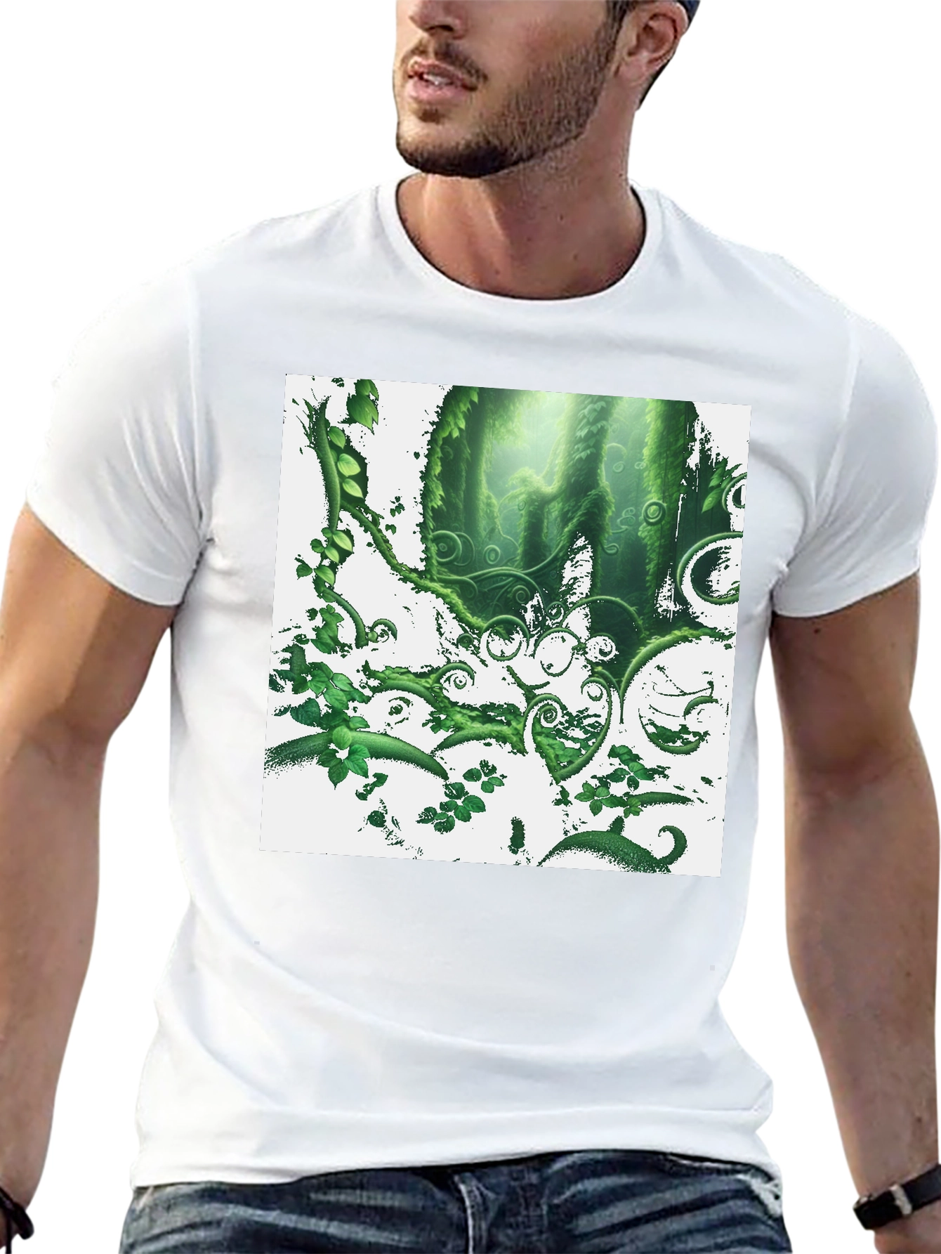 Nature Forest T-Shirt: Green Foliage Design on Black