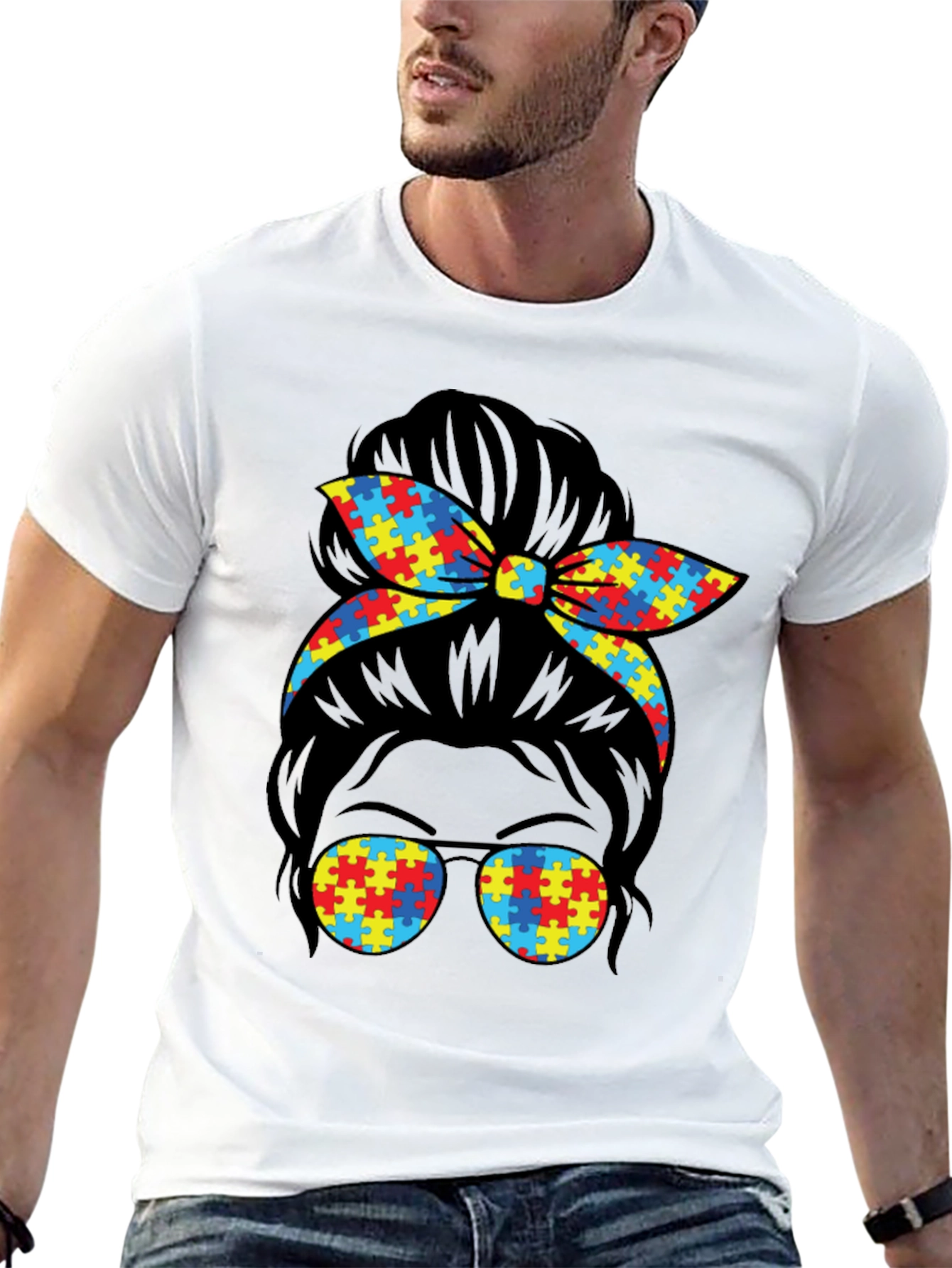 Autism Awareness Puzzle Piece Messy Bun T-Shirt