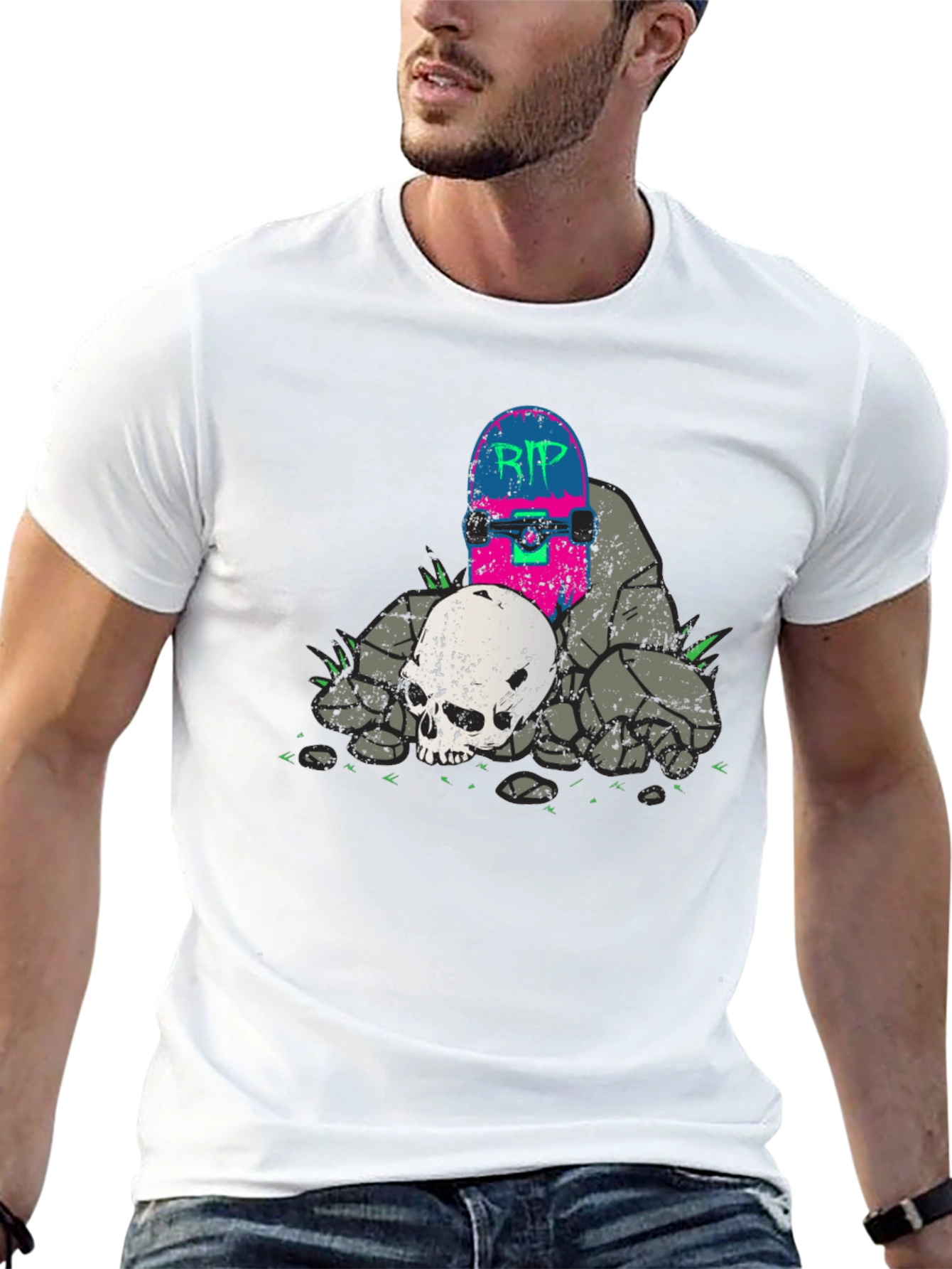 Skateboard & Skull Graphic T-Shirt - RIP Design