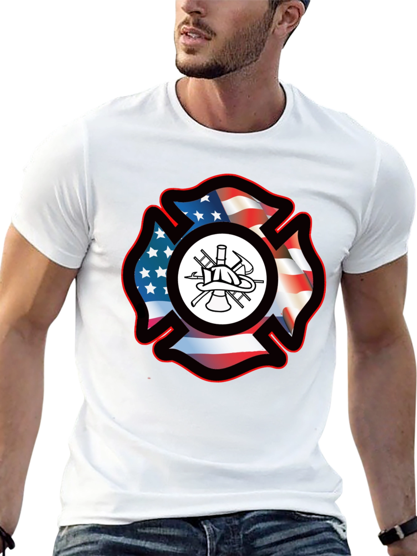 Firefighter Maltese Cross USA Flag T-Shirt