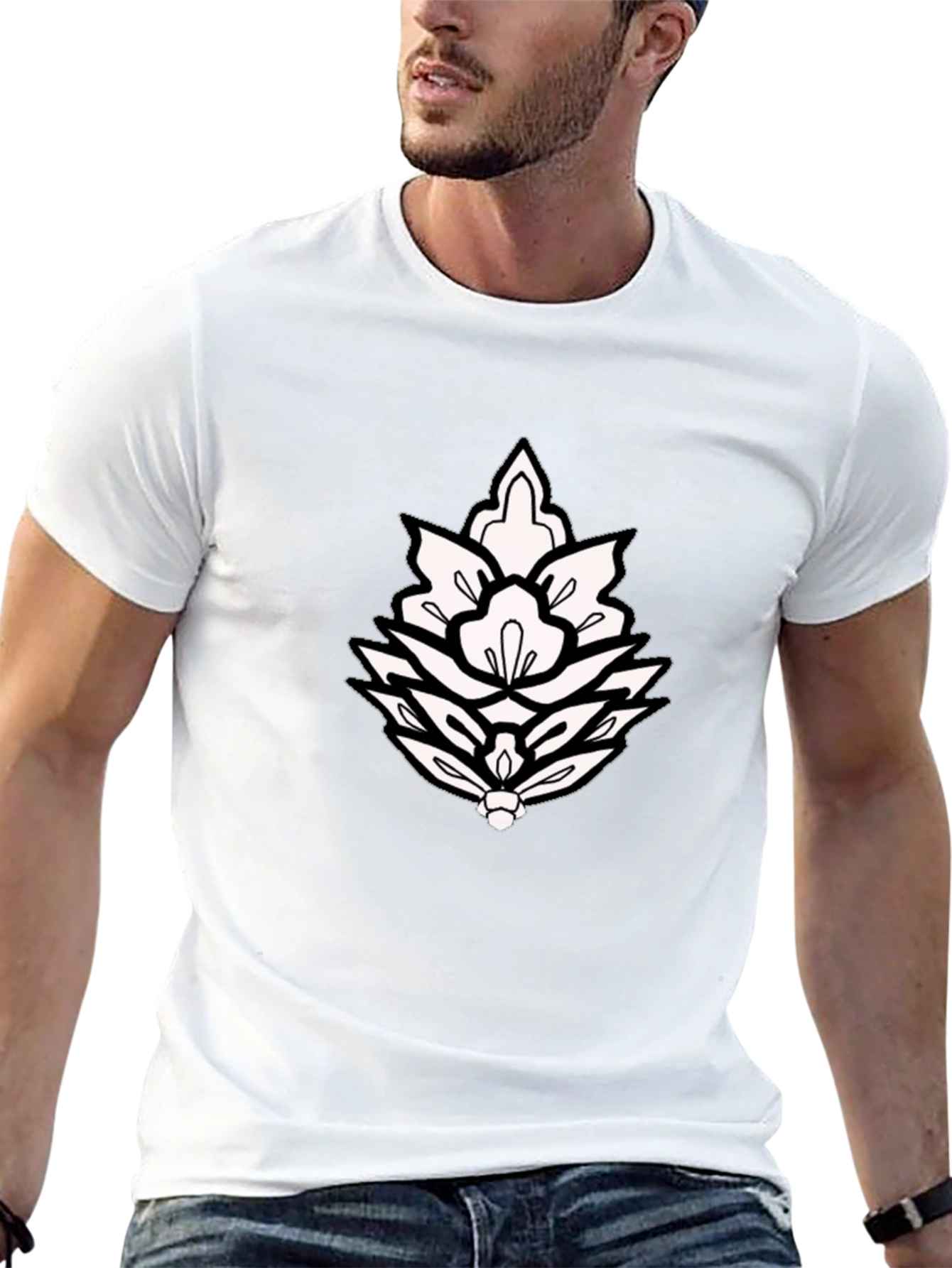 Black T-Shirt with Ornamental Lotus Design