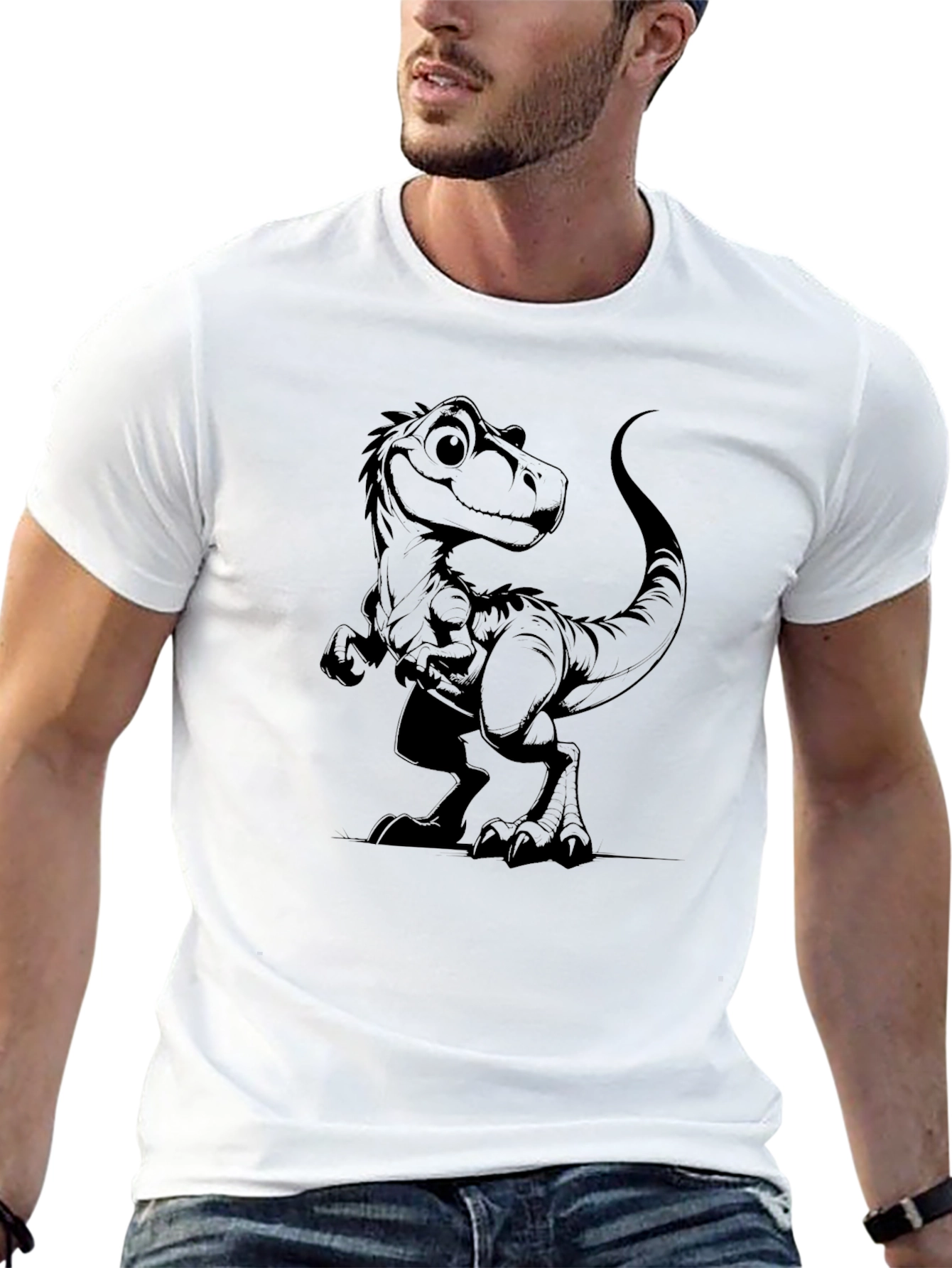 Black T-Shirt with Cartoon Dinosaur Graphic