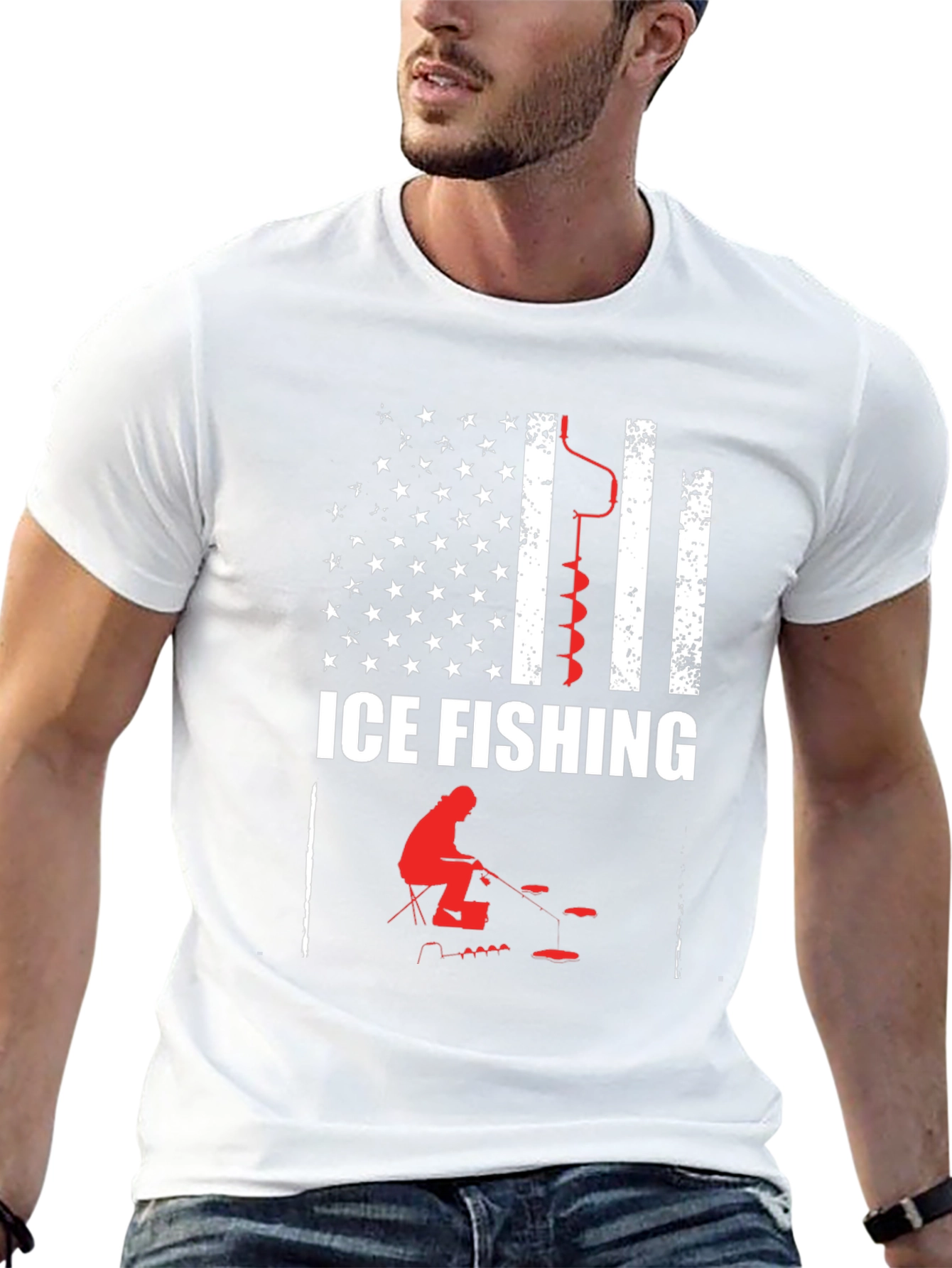 Ice Fishing American Flag Graphic T-Shirt
