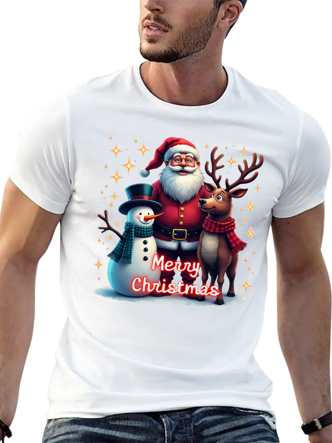Festive Santa Reindeer and Snowman Christmas T-Shirt