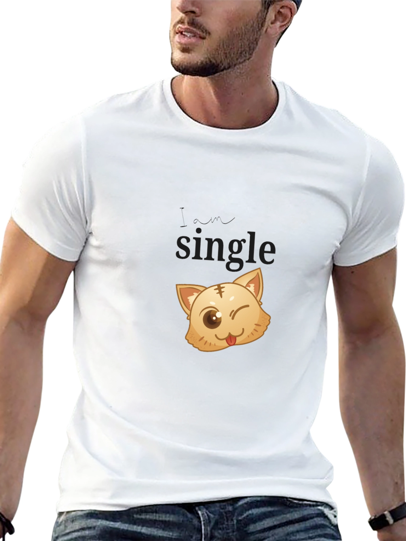 Single Cat Wink Graphic Black T-Shirt