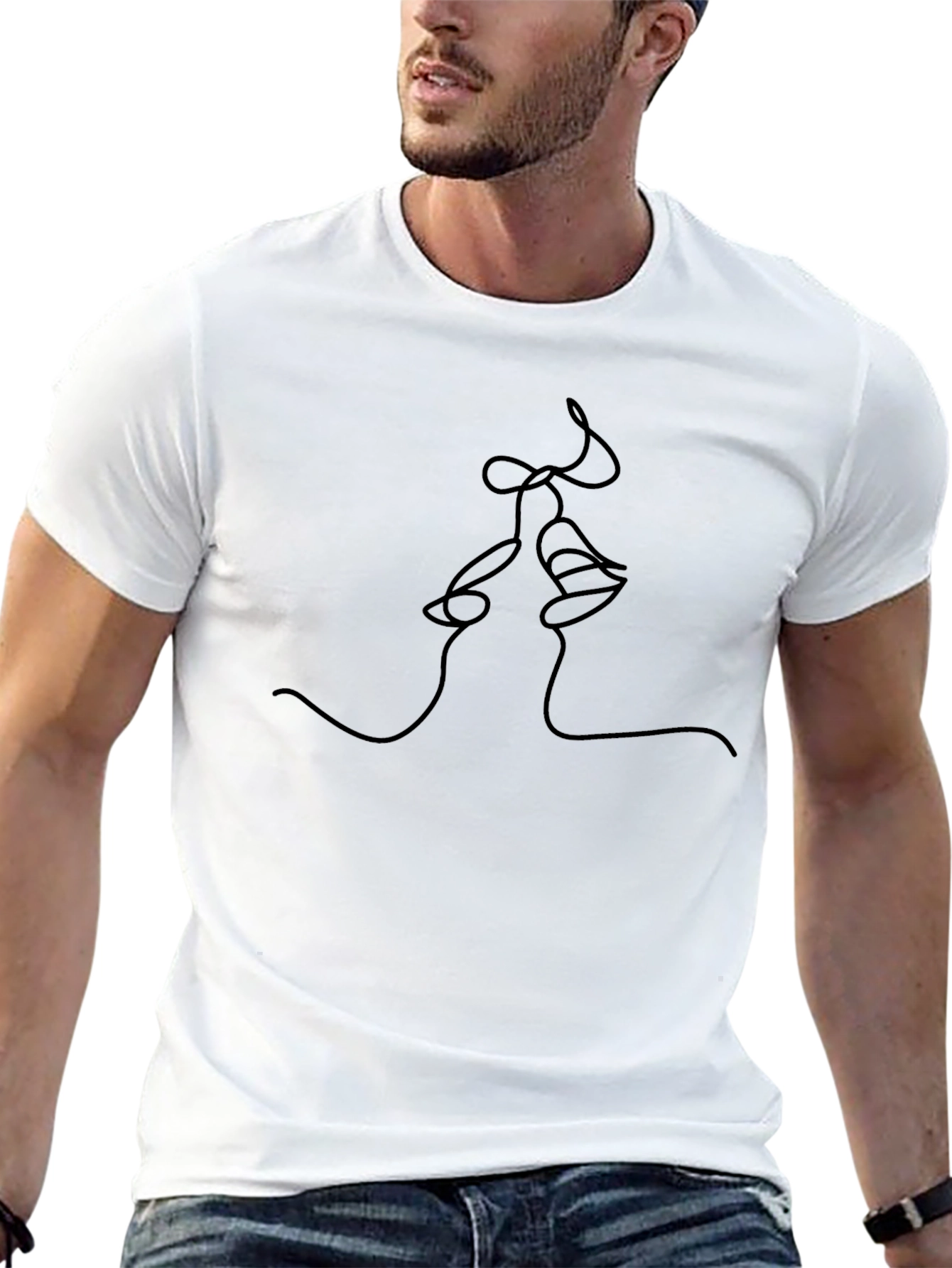 Minimalist Kiss Line Art Black T-Shirt