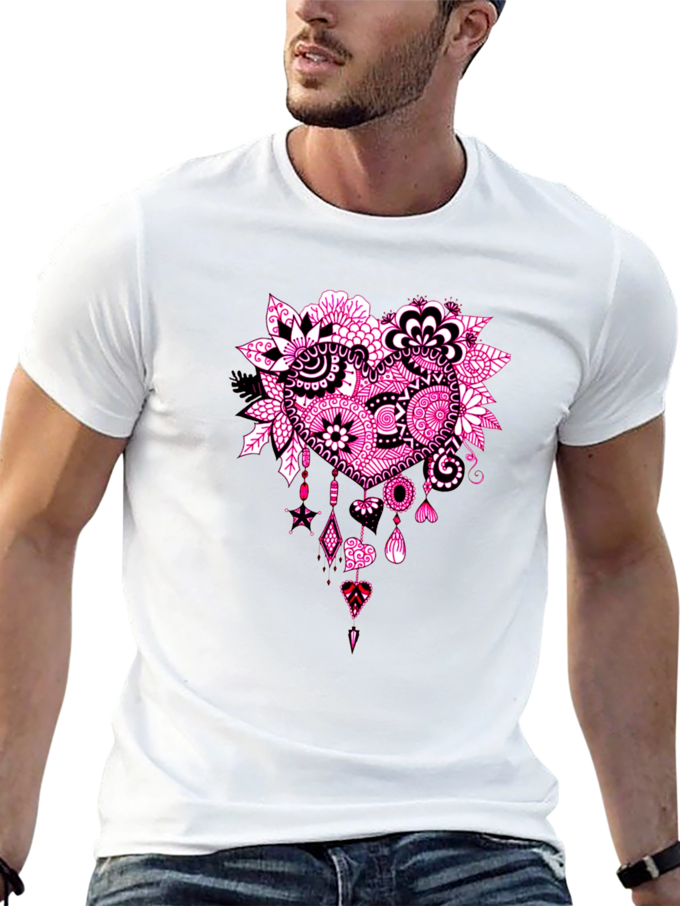 Black T-Shirt with Pink Heart Floral Design