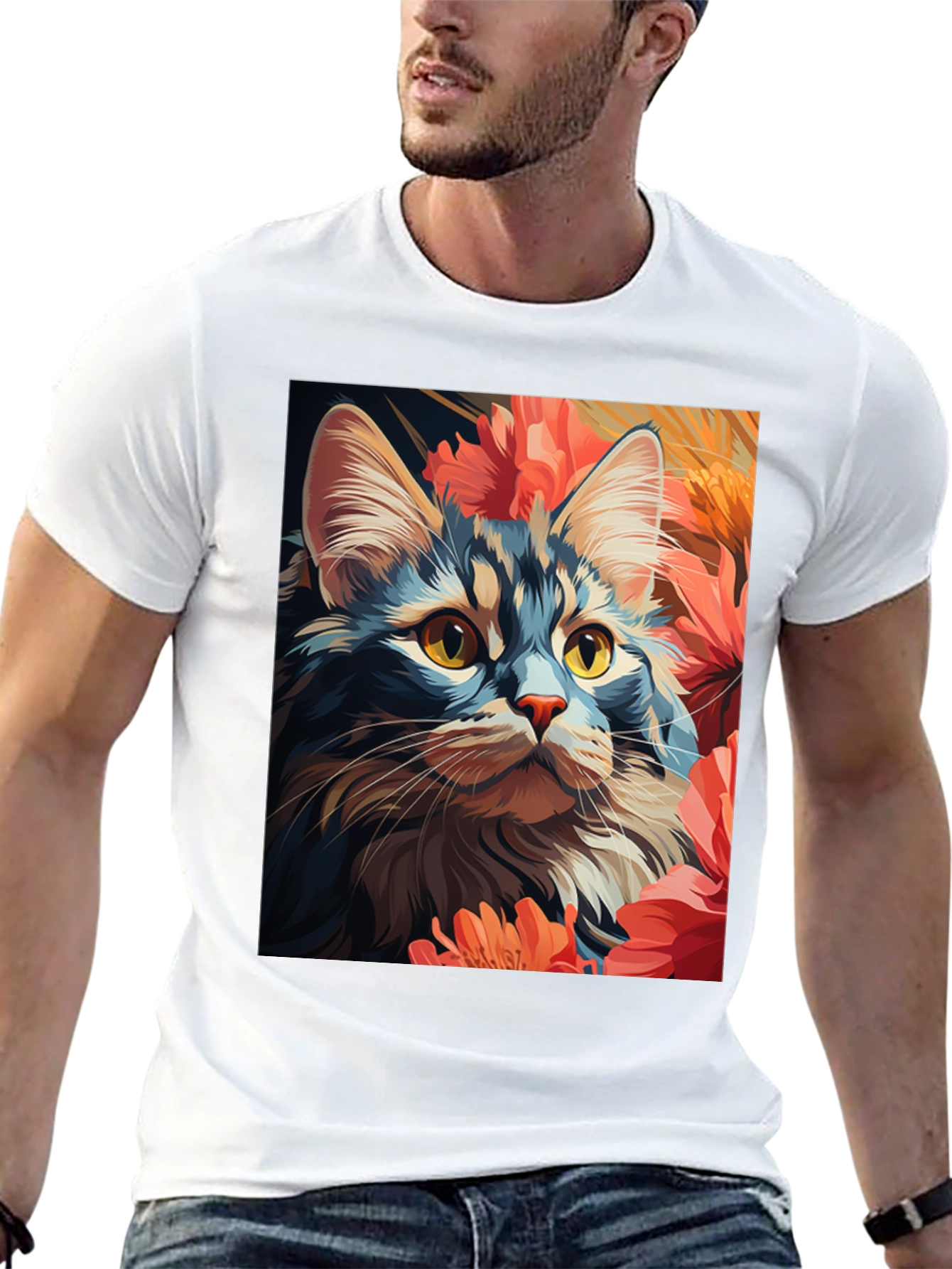 Cat & Flowers Graphic Tee - Unisex Black T-Shirt