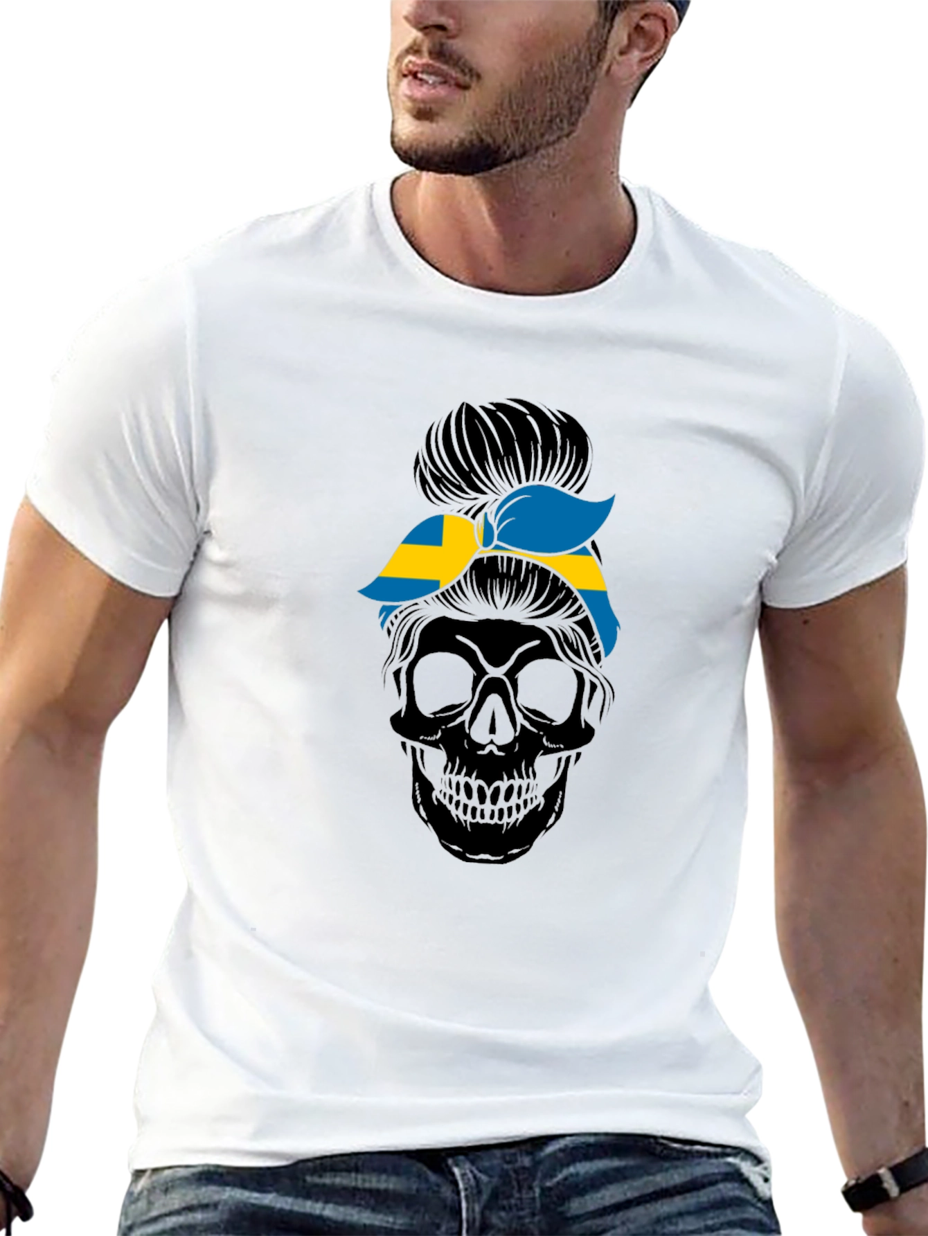 Sweden Flag Skull Messy Bun T-Shirt