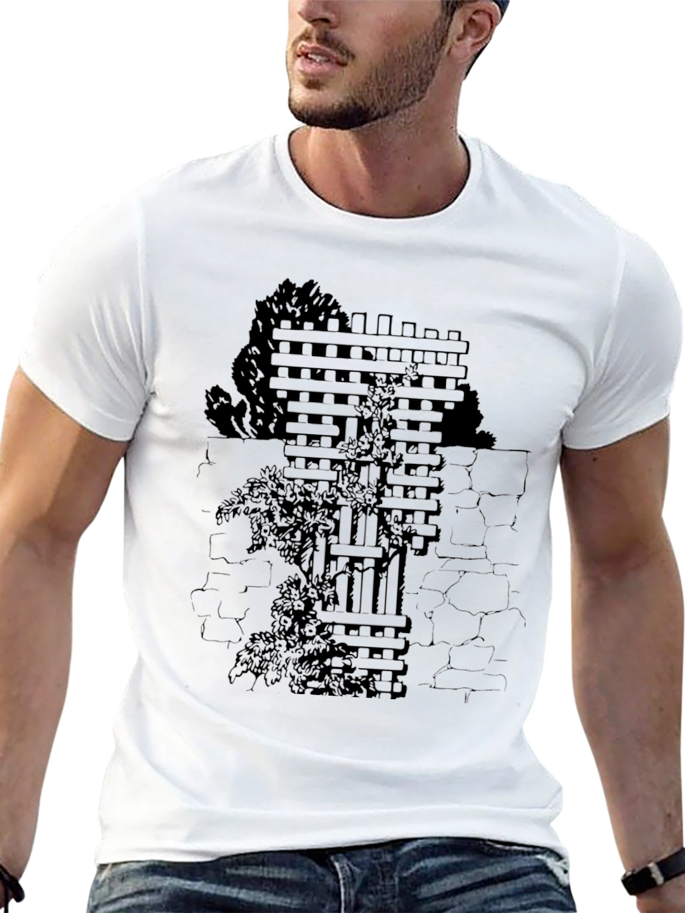 Mens Black T-Shirt with Wall & Vines Graphic