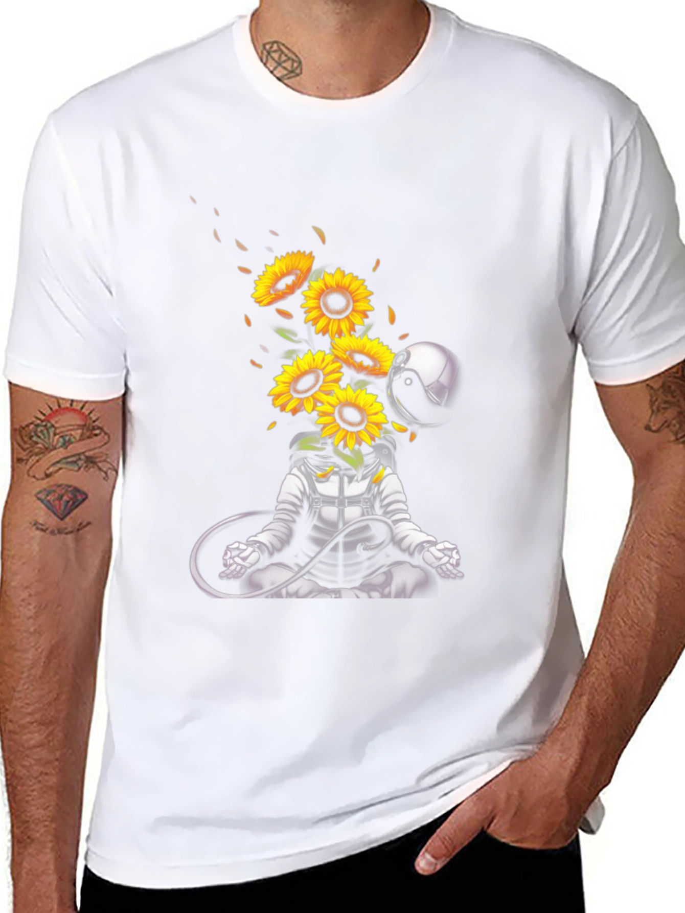 Meditating Astronaut with Sunflowers Graphic T-Shirt