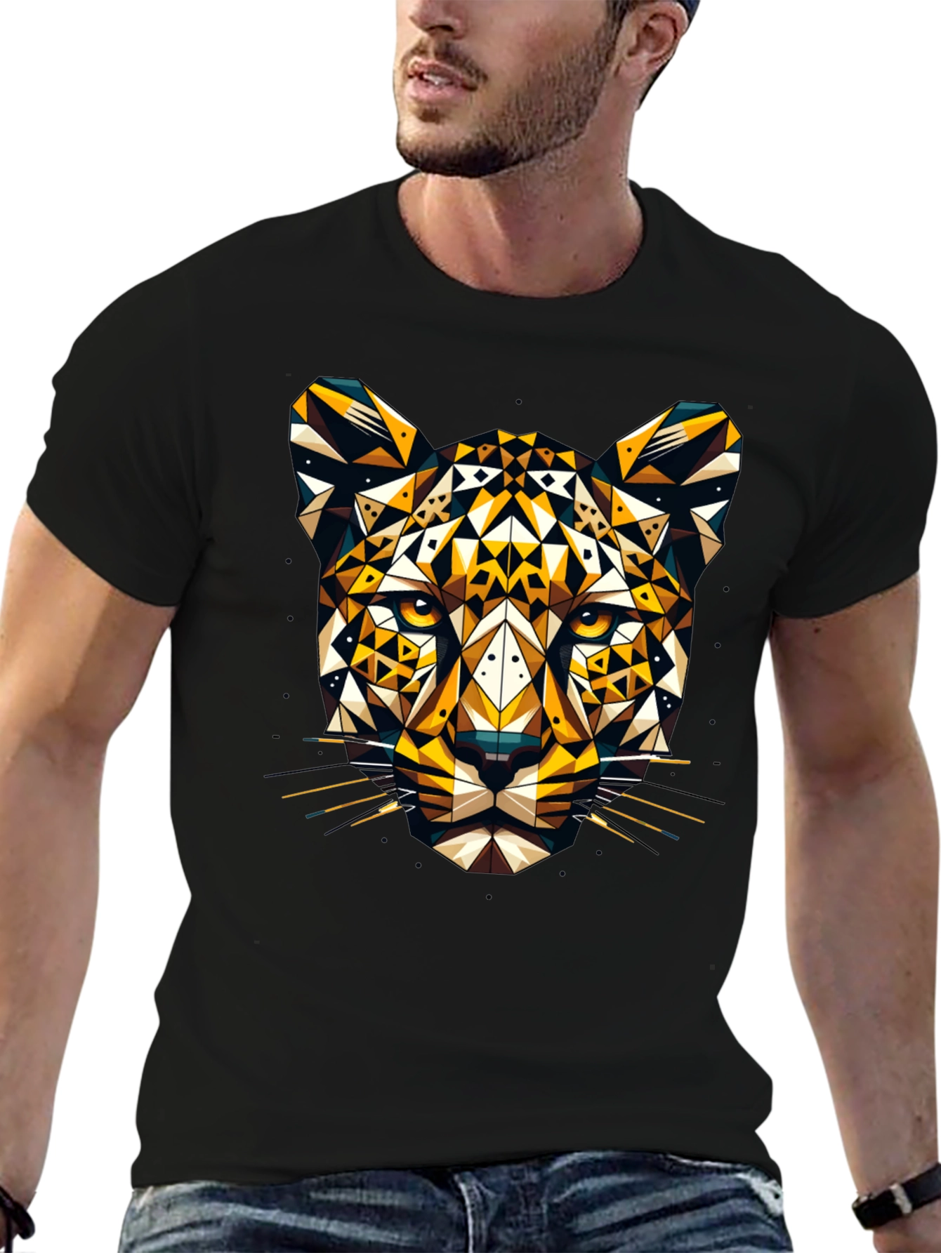 Geometric Leopard Graphic Tee - Black