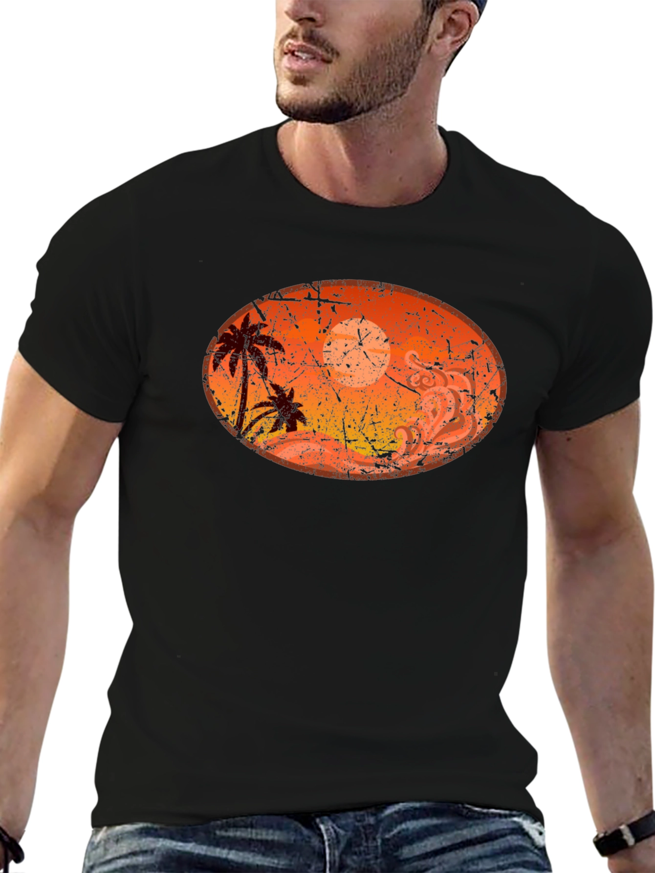 Sunset Palm Tree Graphic Black T-Shirt