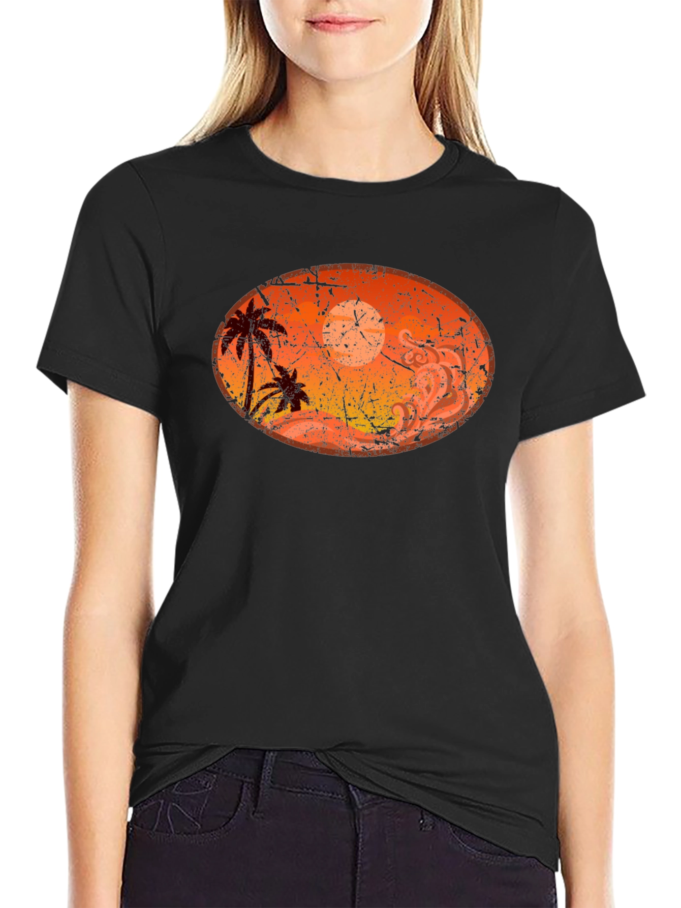 Sunset Palm Tree Graphic Black T-Shirt